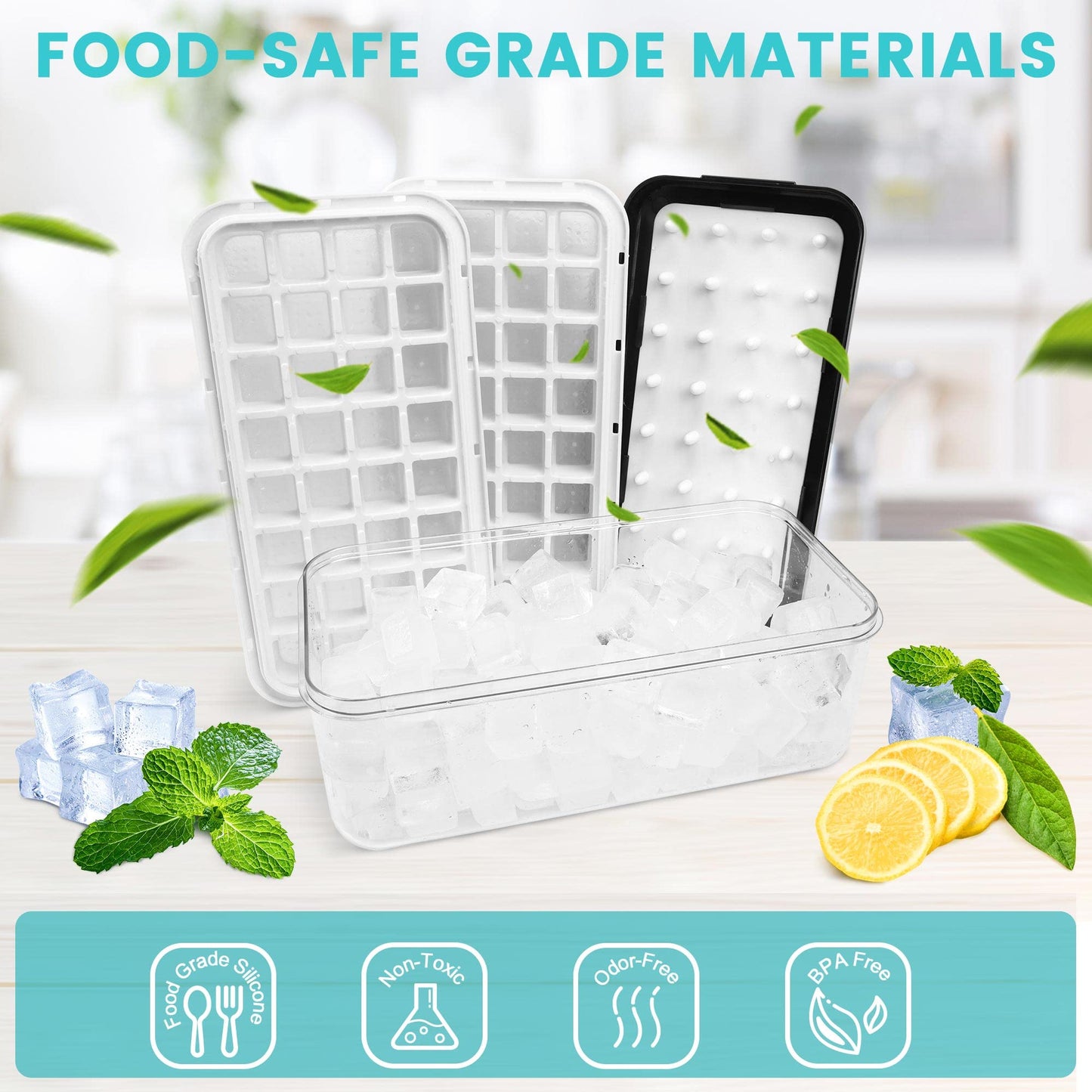 Ice Trays for Freezer with Lid & Bin, Ice Cube Tray Making 64 pcs Ice Cubes, Easy Press to Release Ice, Ice Tray with Storage Bin Chilling Cocktail Whiskey Coffee 2 Trays 1 Ice Bucket & Scoop (Black) Black