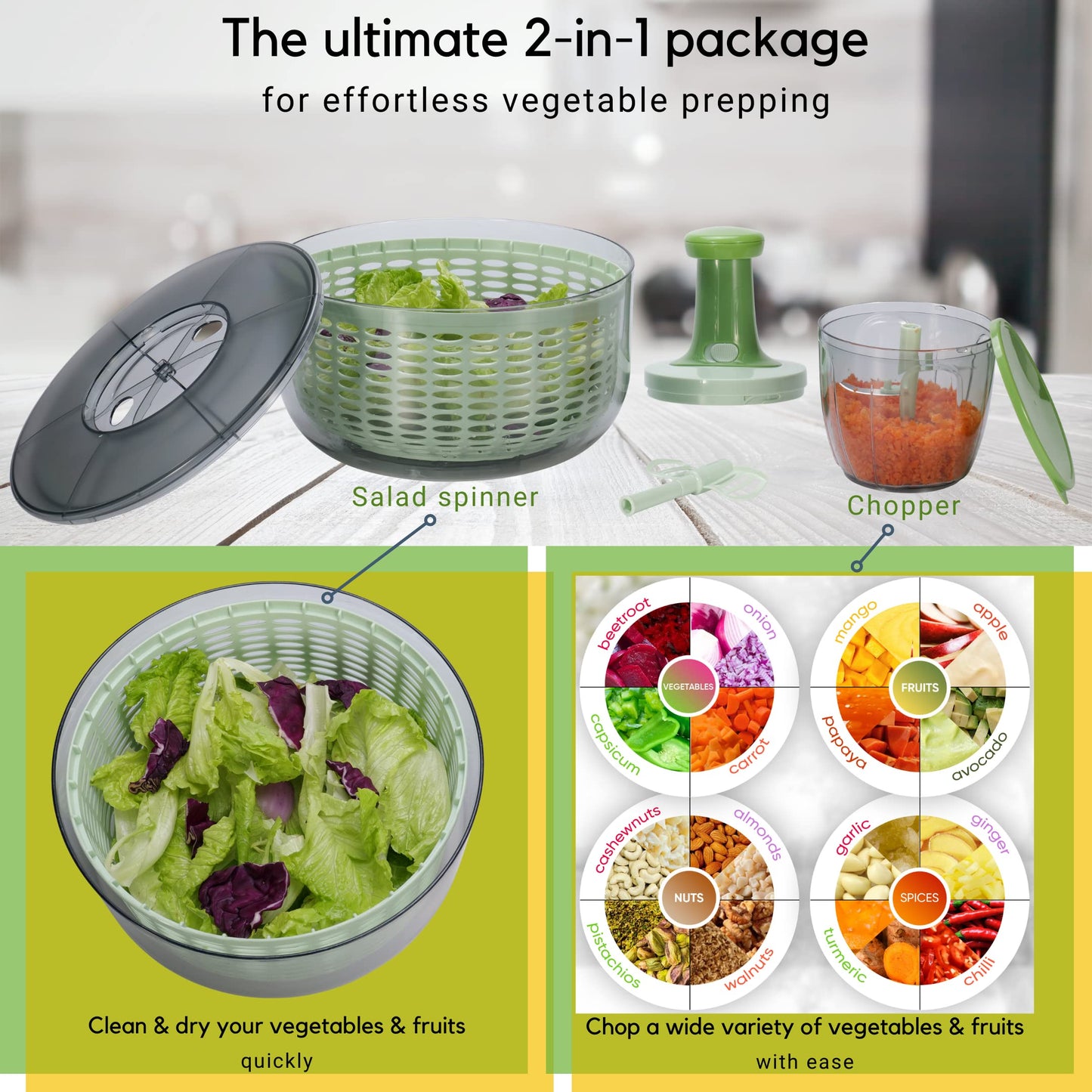 Brieftons Salad Spinner and Chopper: Large 6-Litre Lettuce Greens Vegetable Washer Dryer, with Bonus 0.9-Litre Veggie Chopper Mixer, Compact Storage, Easy Push Operation for Quick Veggie Prepping