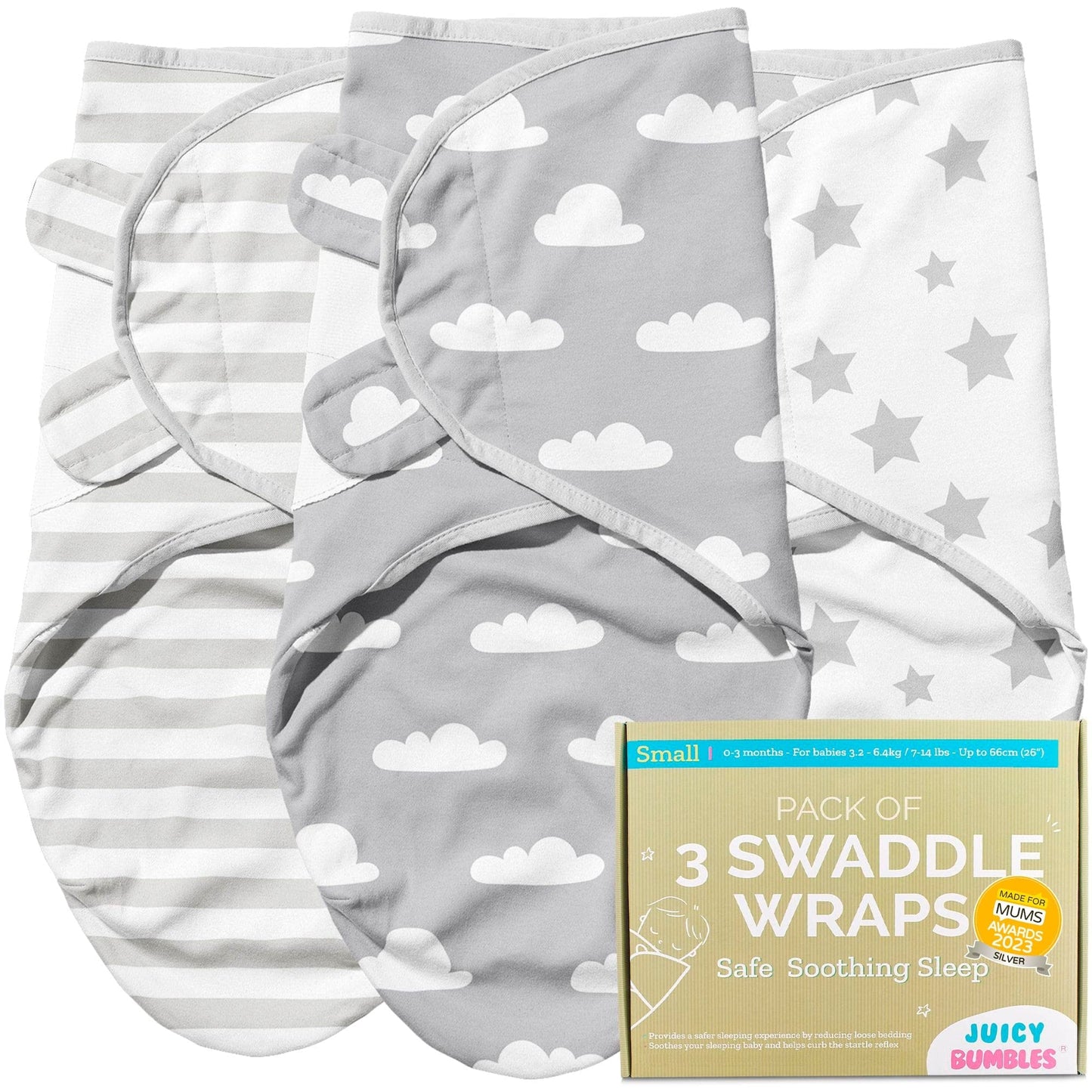 Juicy Bumbles Swaddle Blanket 0-3 Months - 100% Cotton Baby Swaddle Wrap Newborn - Set of 3 Swaddle Wrap - Baby Essentials for Newborn Baby Boy and Girl Stars and Clouds Small: 0-3 Months