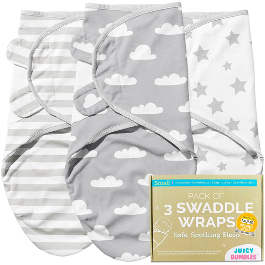 Juicy Bumbles Swaddle Blanket 0-3 Months - 100% Cotton Baby Swaddle Wrap Newborn - Set of 3 Swaddle Wrap - Baby Essentials for Newborn Baby Boy and Girl Stars and Clouds Small: 0-3 Months