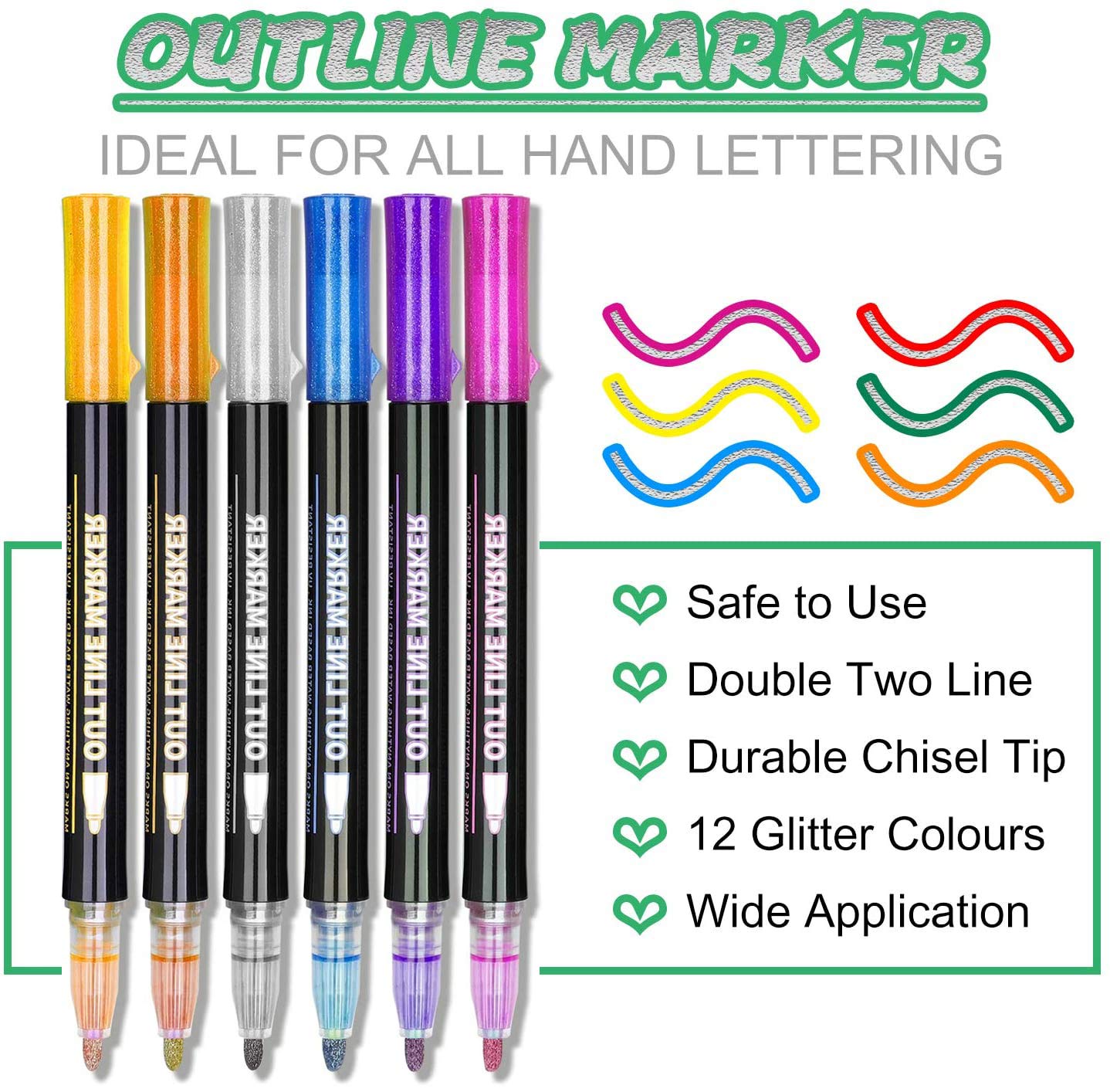 ECtury Glitter Pens Outline Marker Pens, Easter Gifts for Kids, Gifts for Teenage Girls, 12 Colours Double Line Metallic Outline Pens for Scrapbook, Teenage Girls Gifts, Gifts for 4-12 Year Old Girls Silver