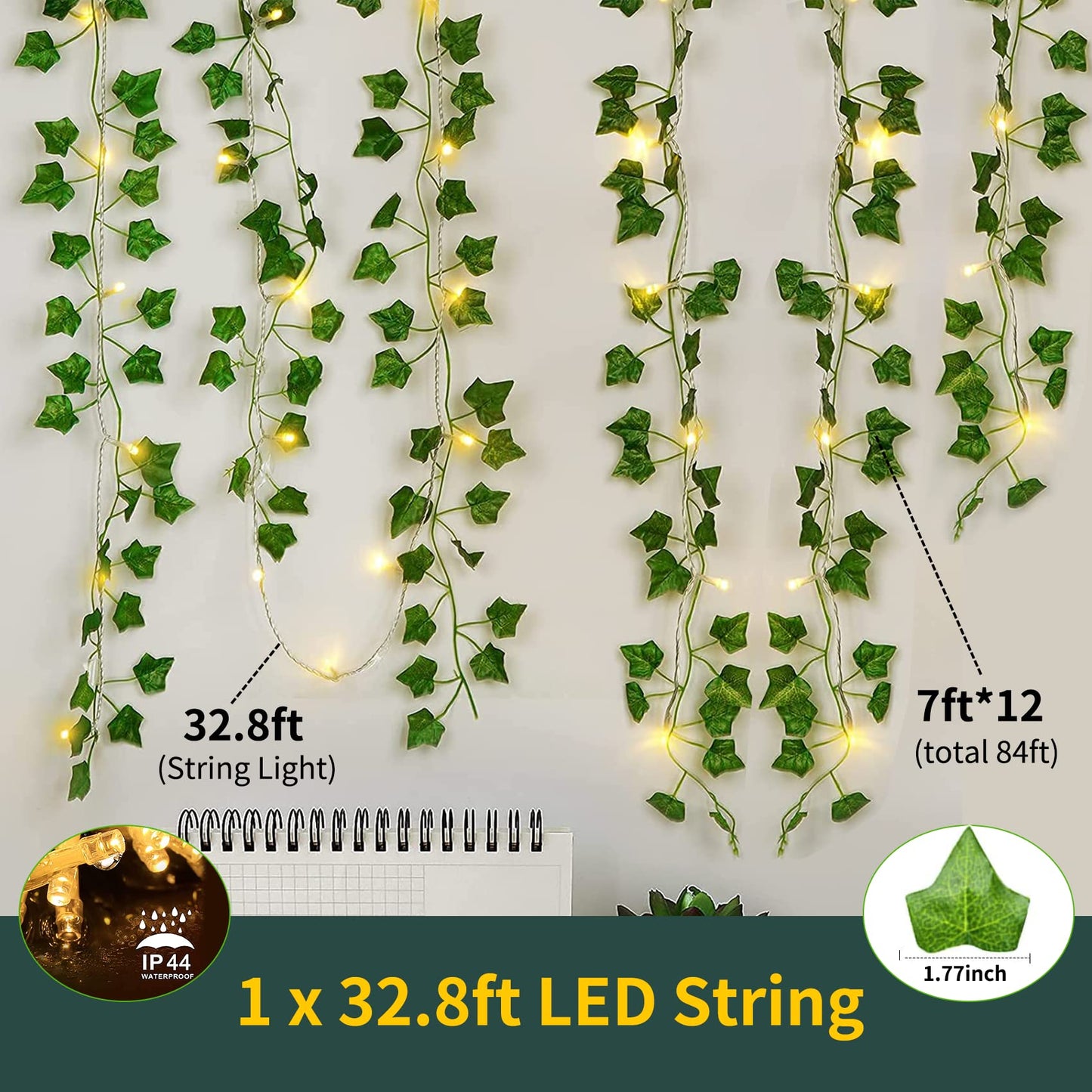 KASZOO 84Ft 12 Pack Artificial Ivy Garland Fake Plants Vine Hanging Garland with 80 LED String Light Hanging for Home Kitchen Garden Office Wedding Wall Decor Green