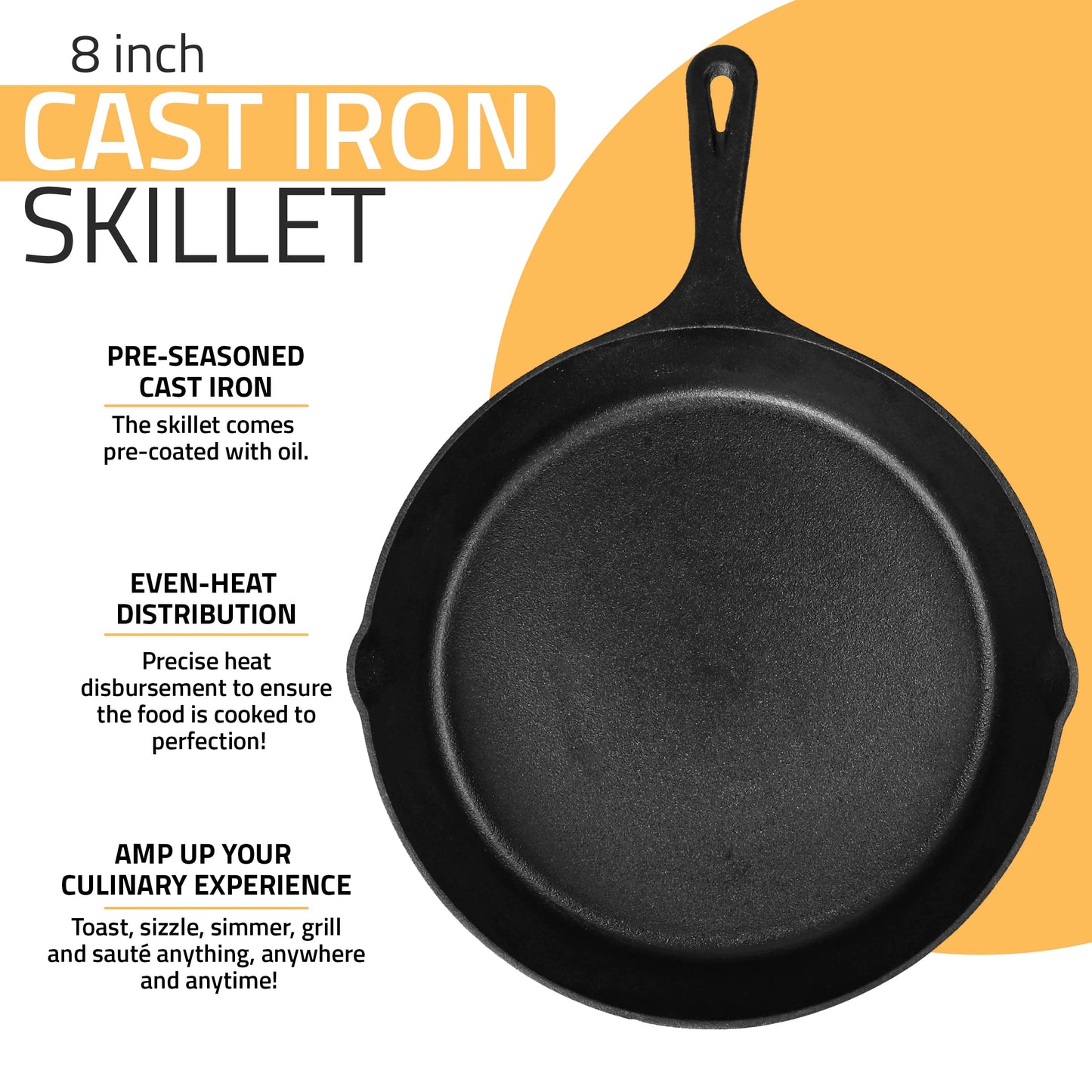 KICHLY Pre-Seasoned Cast Iron Skillet - Frying Pan - Safe Grill Cookware for Indoor & Outdoor Use - 8 Inch (20 cm) Cast Iron Pan 20 cm