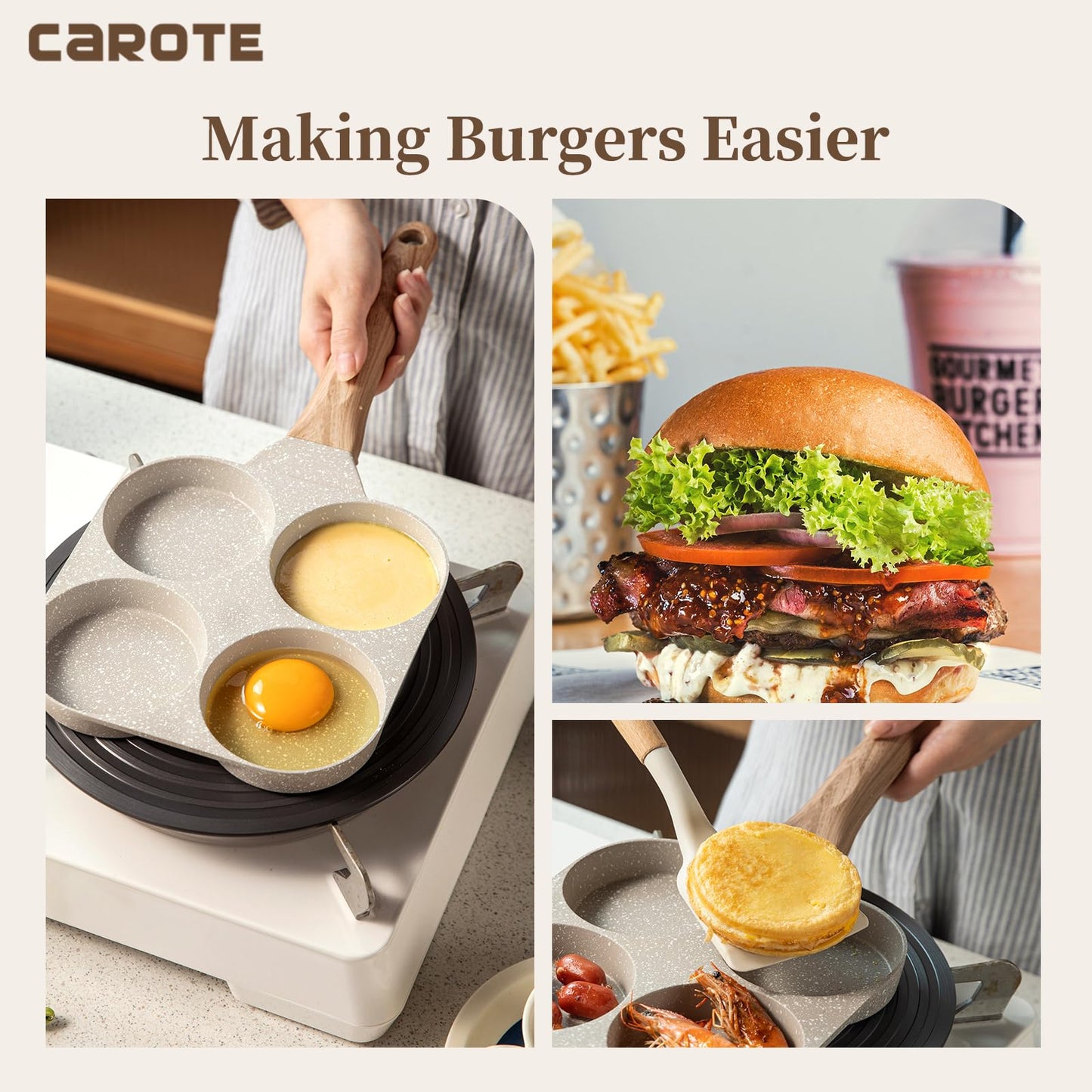 CAROTE Egg Omelette Pan, 4-Cup Nonstick Egg Frying Pan, Egg Skillet for Breakfast, Pancake, Plett, Crepe Pan, Suitable for All Hobs & Induction (4-Cup)