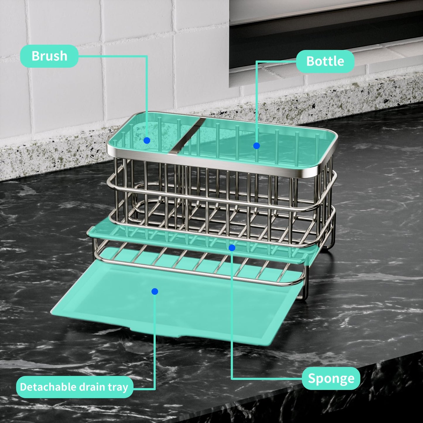 HapiRm Sink Caddy, Kitchen Sink Organiser, Kitchen Sink Caddy, Stainless Steel Sink Organiser with Removable Drip Tray, 4 in 1 Kitchen Caddy for Kitchen Accessories, Countertop Sink Tidy Caddy Silver