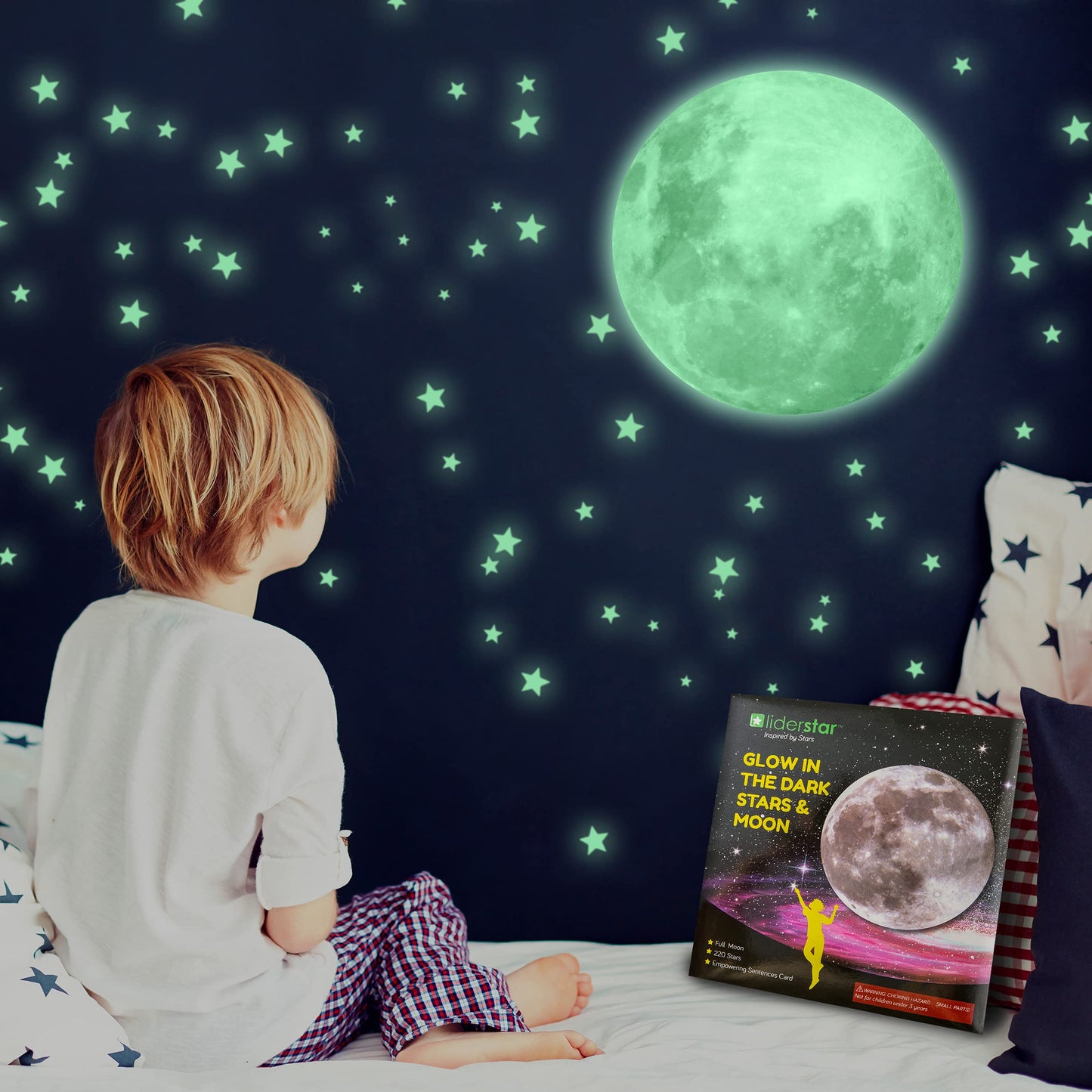 LIDERSTAR Glow in The Dark Stars and Moon for Ceiling, Luminous Stars and Moon Wall Decal, for Child's Rooms Wall Decor,Sticky Fluorescence Stars,Gift for boy and Girl Include Affirmation Card Green