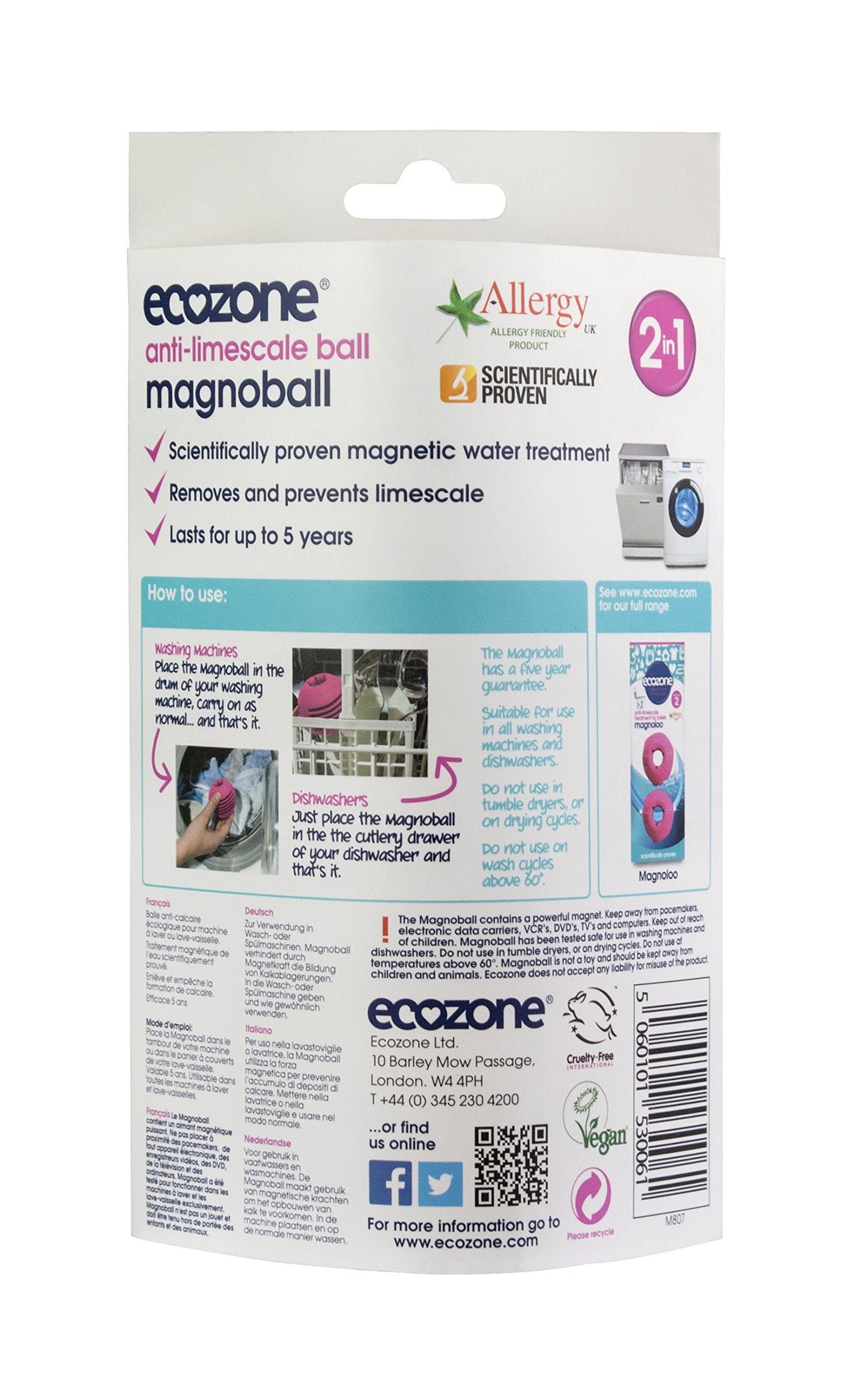 Ecozone Magnoball Anti-Limescale Device for Dishwashers & Washing Machines, Reusable Magnetic Limescale Remover & Descaler, Drum & Interior Cleaner, Vegan & Non Toxic, Scientifically Proven, Pink Single