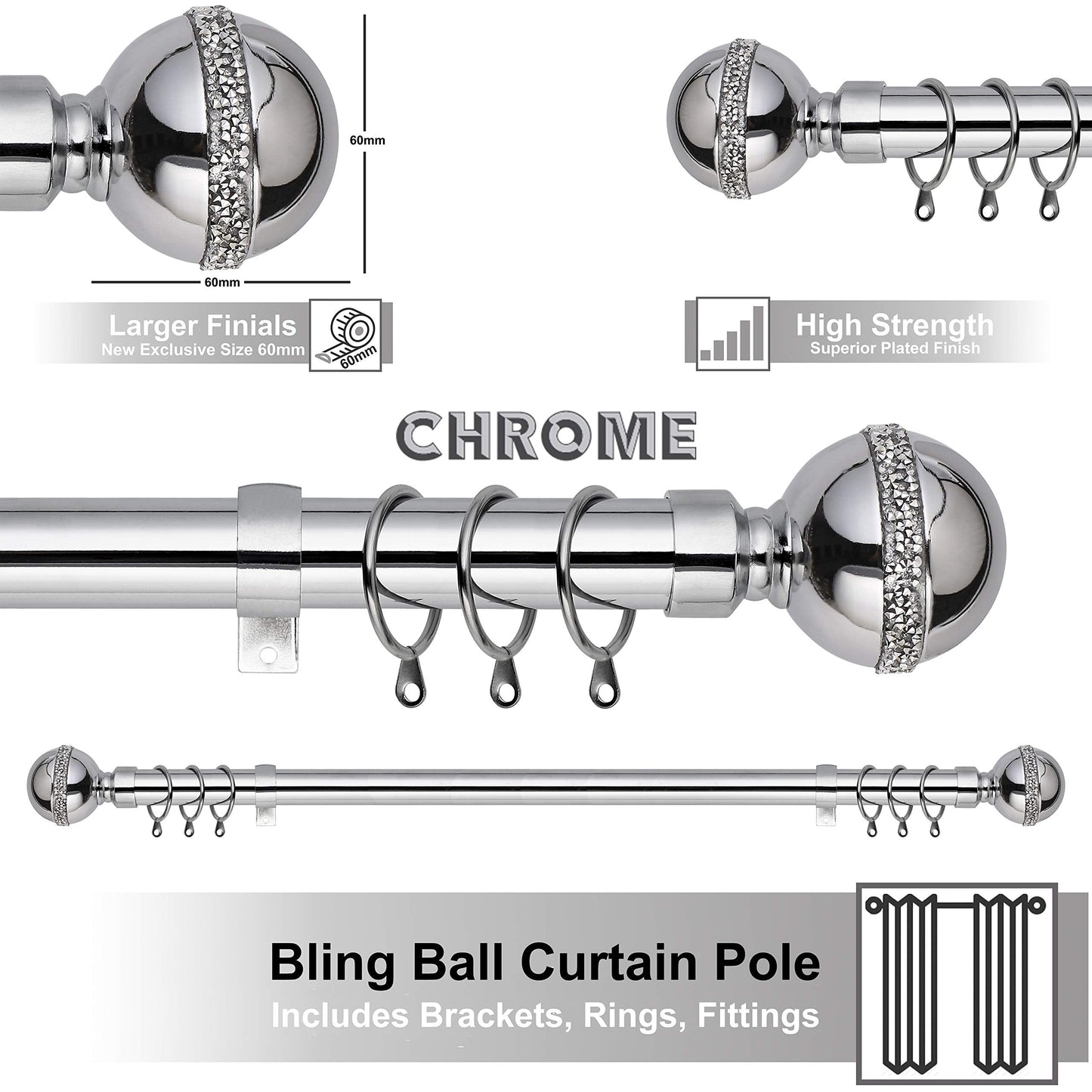 Bling Ball Extendable Curtain Pole. Includes Pair Of Superior 60mm Size Finials, Rings, Brackets & Fittings Set. (Chrome, 160cm - 300cm, 63 Inch to 118 Inch) Chrome