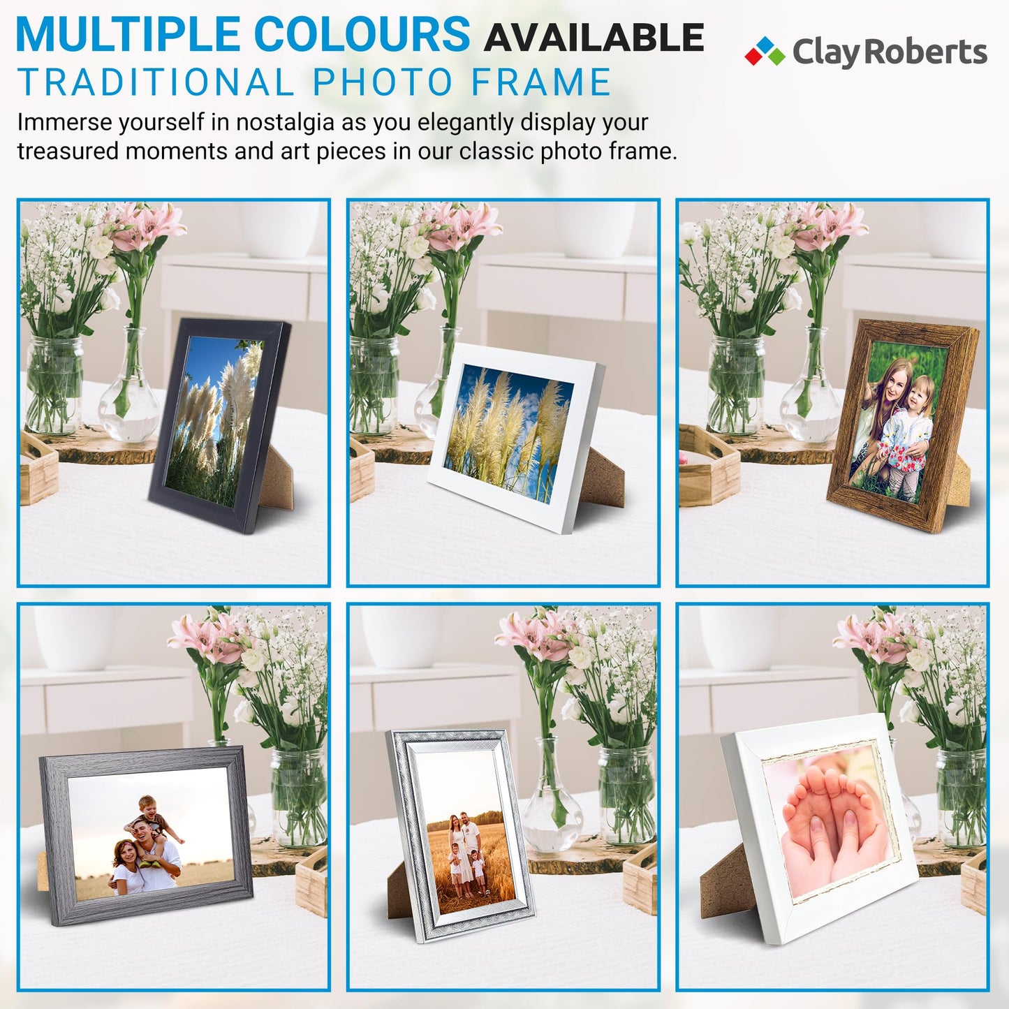 Clay Roberts Photo Picture Frame 6x4, White, Freestanding and Wall Mountable, 10x15 cm, 6x4 Picture Frames White 1 Pack