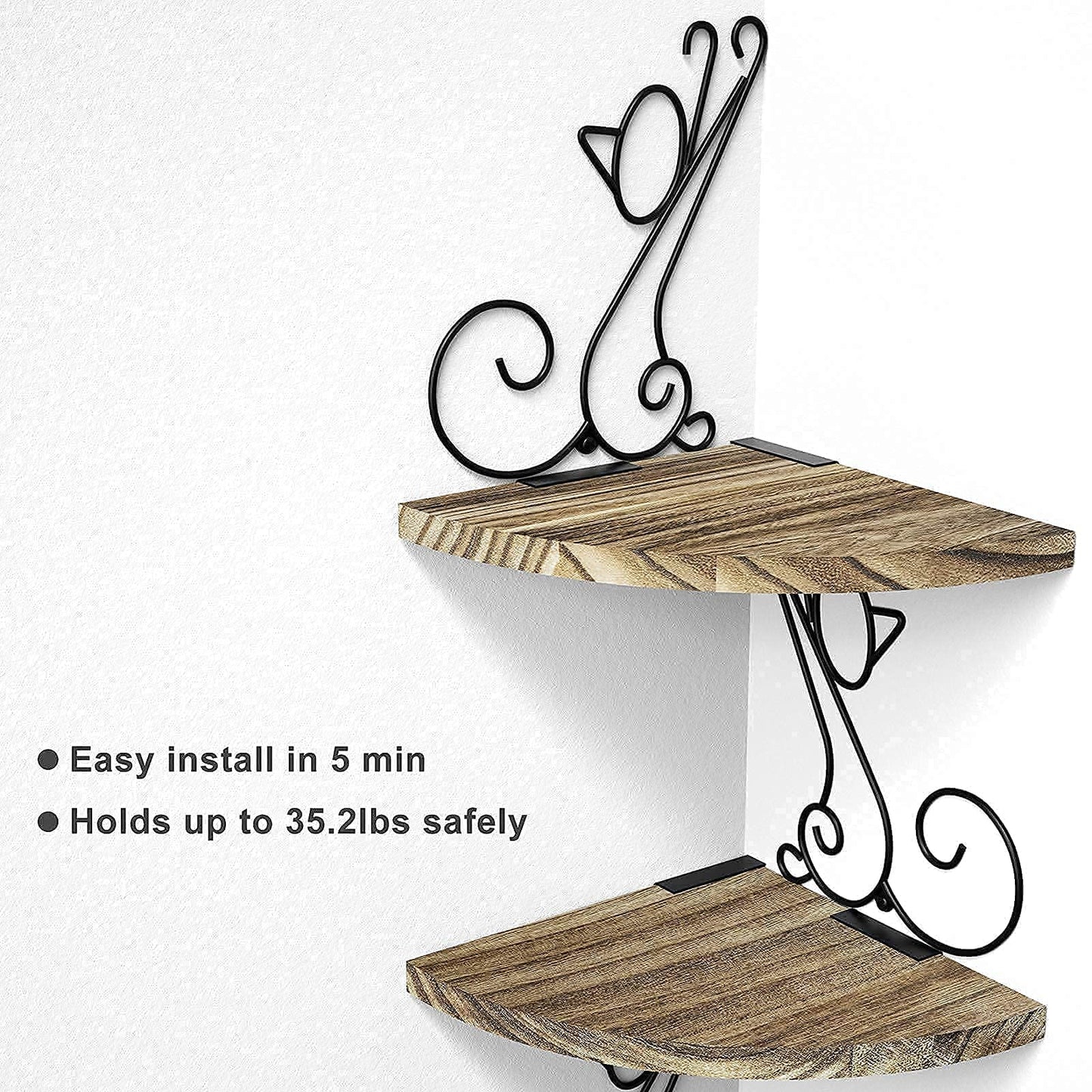 Alsonerbay Corner Shelf Wall Mount of 4 Tier Rustic Wood Floating Shelf Cat Shape Metal Stand for Bedroom Living Room Bathroom Kitchen Office and More Carbonized Black