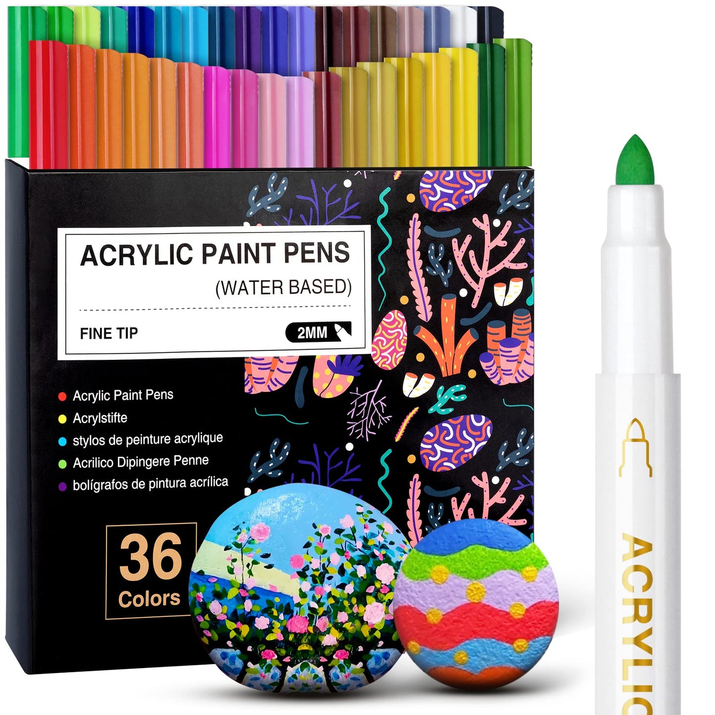 AKARUED 36 Acrylic Paint Pens for Rock Painting Kit: Marker Pens for Glass, Wood, Plastic, Canvas, Ceramic, Stone, Fabric, Gift Card, Easter Egg, DIY Crafts, Making Art Supplies