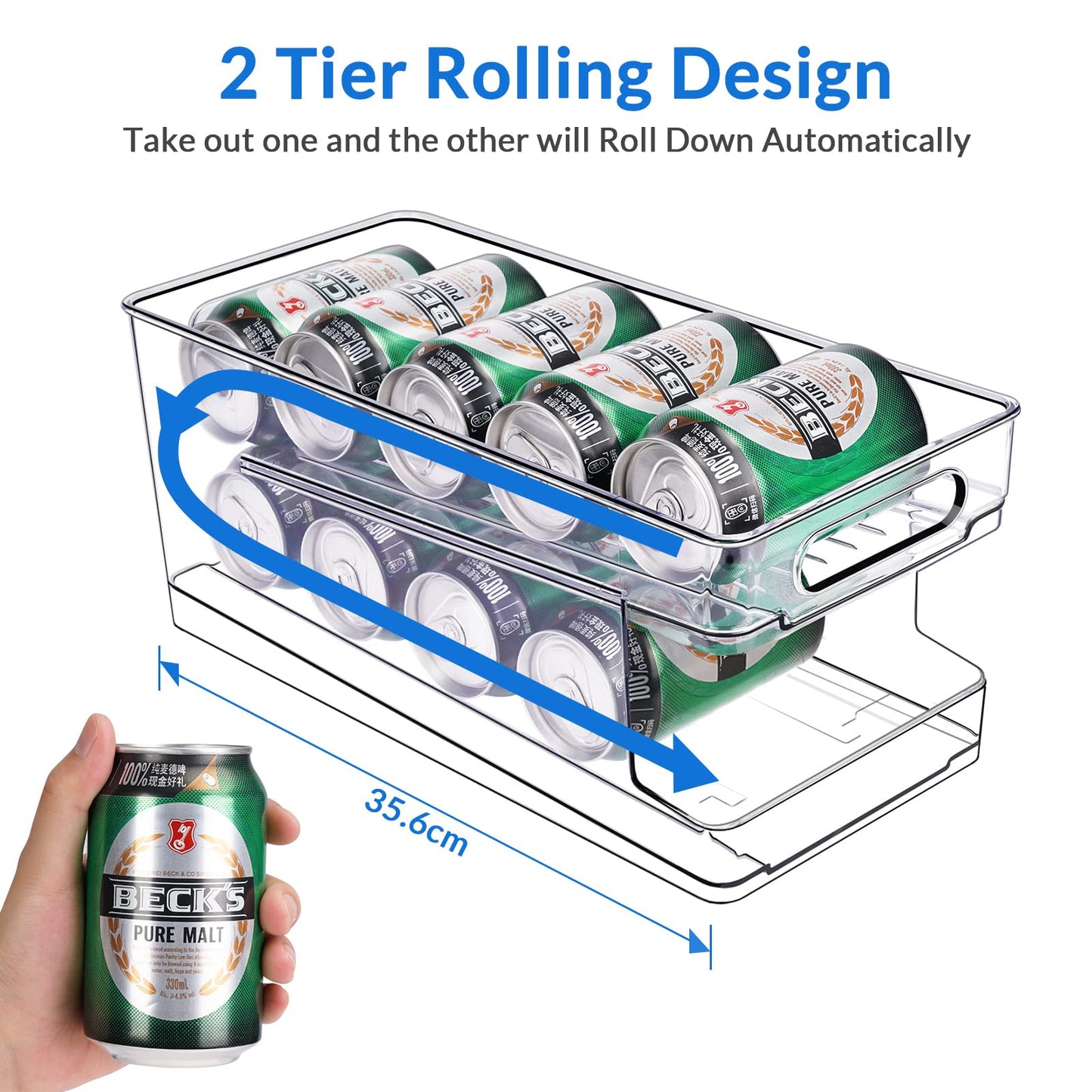 BingoHive Rolling Can Dispenser Fridge Beer Can Organiser Soda Can Dispenser for Fridge Kitchen Cupboard Pantry Countertop 10 Standard Size 330ML Beer Soda Pop Cans Storage Storage Pantry Organisation