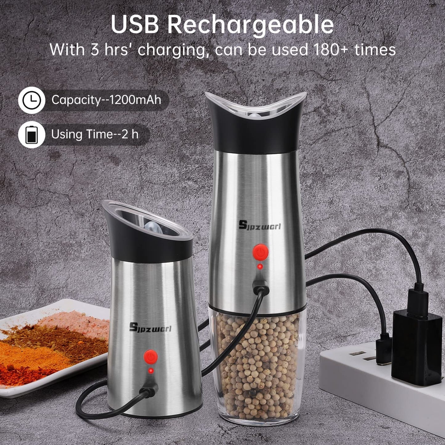 Electric Salt and Pepper Grinder Set: - USB Rechargeable Gravity Sensor Electric Pepper Mill Set - Automatic Pepper Grinder Refillable with Adjustable Coarseness, One Hand Operation(2 Pcs) Silver*2