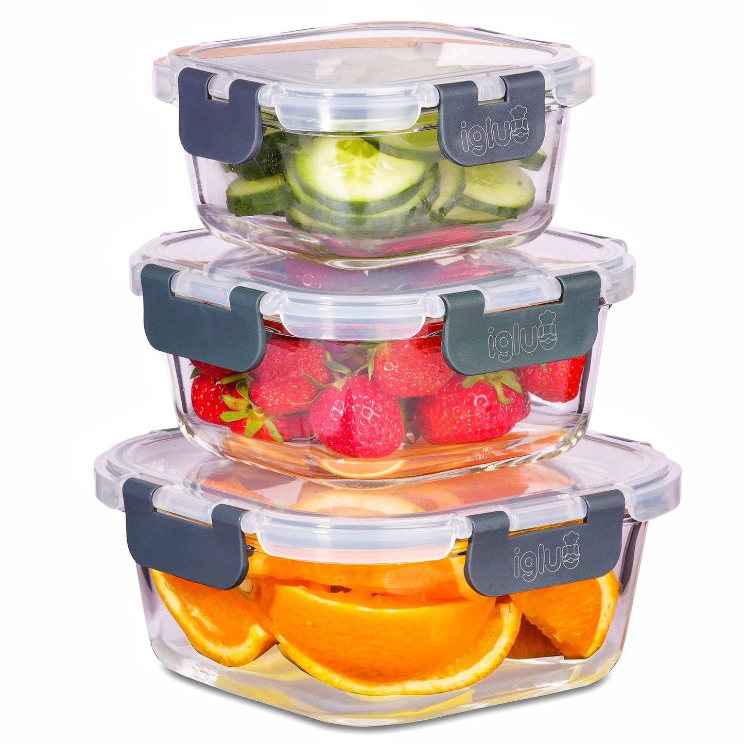 Igluu Meal Prep - Glass Stackable Square Containers (3 Pack) – BPA-Free Lunch Box Food Storage Set. Innovated Leak Proof Hinged Airtight Lids. Microwave, Oven & Dishwasher-Safe (800ml, 520ml, 320ml)