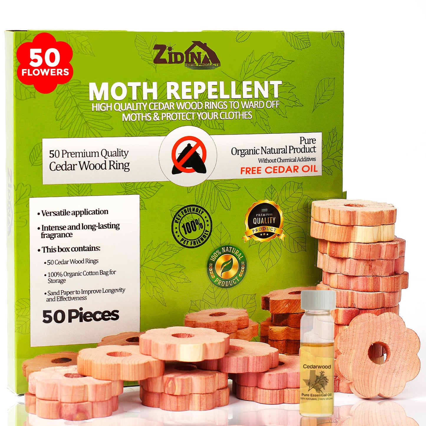 Zidina Moth Repellent for Wardrobes - 50 Rings - Natural Cedar Rings Moth Repellent - Anti Moth Products Wardrobe - Moth Killer for Wardrobe - Moth Repellent for Clothes - Moth Balls with Sandpaper