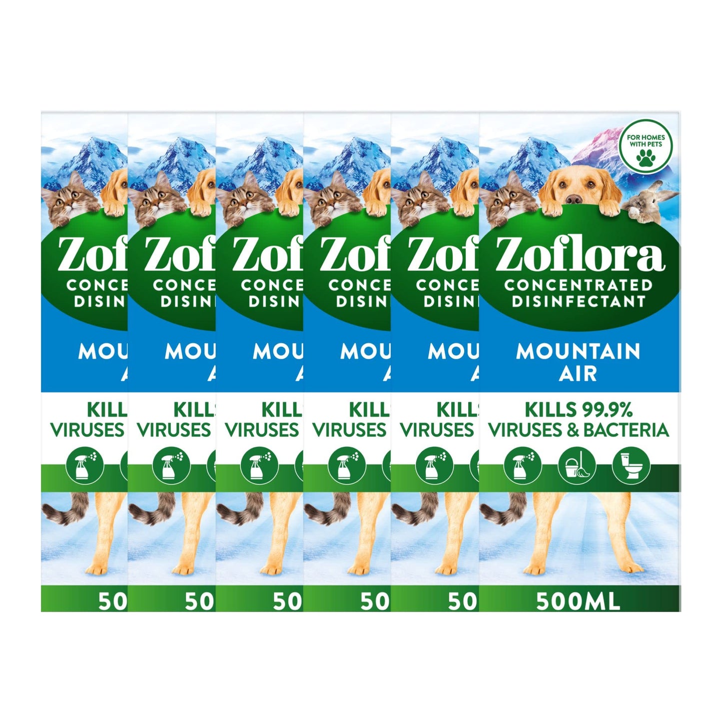 Zoflora Fresh Home, Mountain Air 6 x 500ml, Concentrated 3-in-1 Multipurpose Disinfectant Kills 99.9% of Bacteria & Viruses