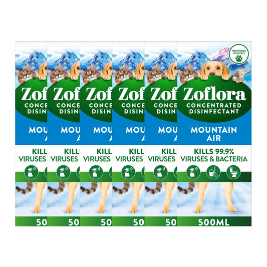 Zoflora Fresh Home, Mountain Air 6 x 500ml, Concentrated 3-in-1 Multipurpose Disinfectant Kills 99.9% of Bacteria & Viruses