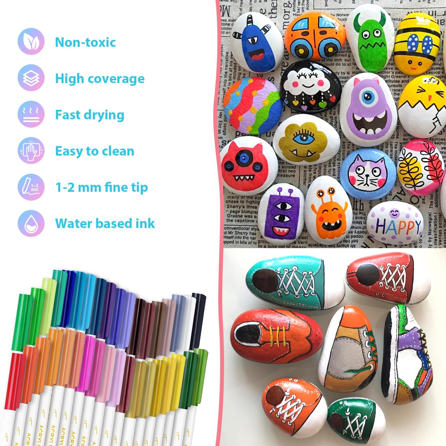 AKARUED 36 Acrylic Paint Pens for Rock Painting Kit: Marker Pens for Glass, Wood, Plastic, Canvas, Ceramic, Stone, Fabric, Gift Card, Easter Egg, DIY Crafts, Making Art Supplies