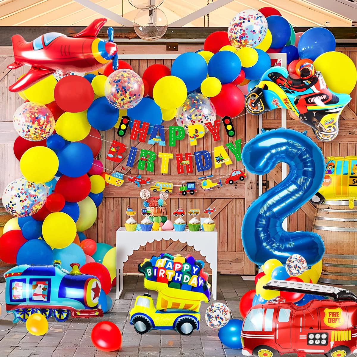 iZoeL 2 Birthday Decorations Boy Cars Birthday Decorations Kids Cars Party Decorations 2 Year Old Birthday Second Birthday Decorations Boy Balloon Arch Baby Boy Transport Construction Balloons 2nd Birthday