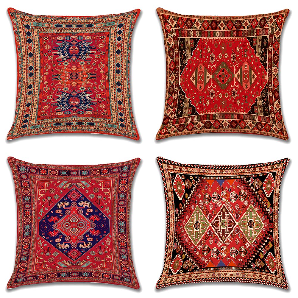 JOTOM Cushion Covers 45cm x 45cm Set of 4 Bohemian Style Decorative Throw Pillow Covers Linen Square Exotic Pillow Cases 18x18 Inch for Sofa Couch Bedroom Outdoor Home Office Car Decor (Exotic) 45x45cm