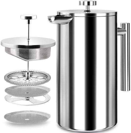 KICHLY Cafetiere 4 Cup Stainless Steel French Press Coffee Maker, Coffee Press with 3 Level Filtration System - Double Walled Insulated Caffettiere with 1 Extra Filter - 600ml / 20 Oz - Silver 0,6 Litre