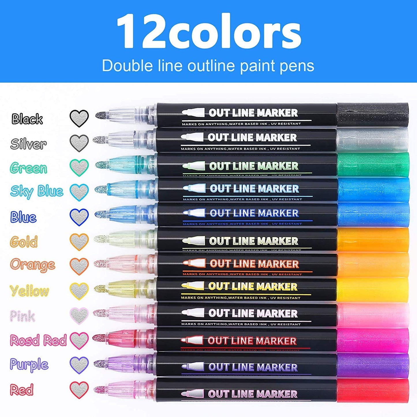 ECtury Glitter Pens Outline Marker Pens, Easter Gifts for Kids, Gifts for Teenage Girls, 12 Colours Double Line Metallic Outline Pens for Scrapbook, Teenage Girls Gifts, Gifts for 4-12 Year Old Girls Silver