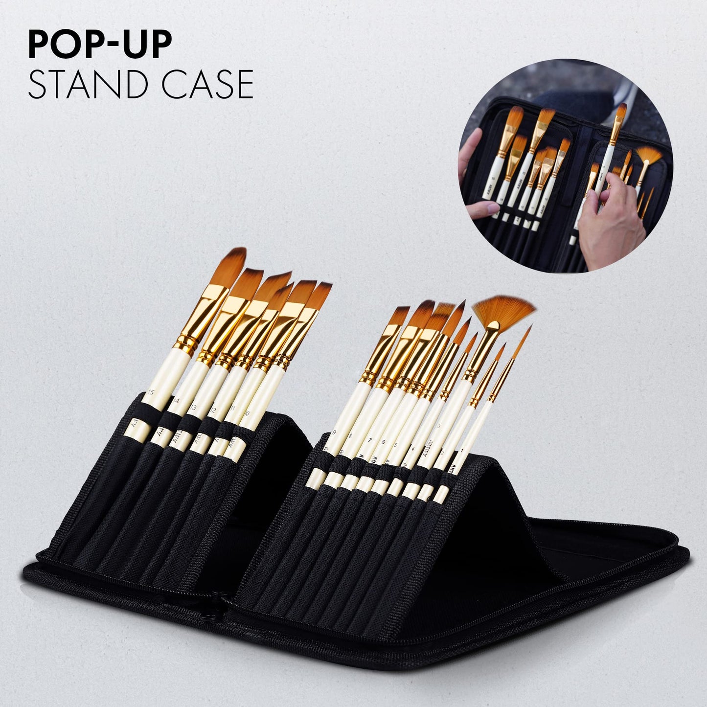 Artify 15 pcs Paint Brush Set for Acrylic Oil Watercolor Gouache Painting Includes Pop-up Carrying Case with Palette Knife and 2 Sponges, Pearl White