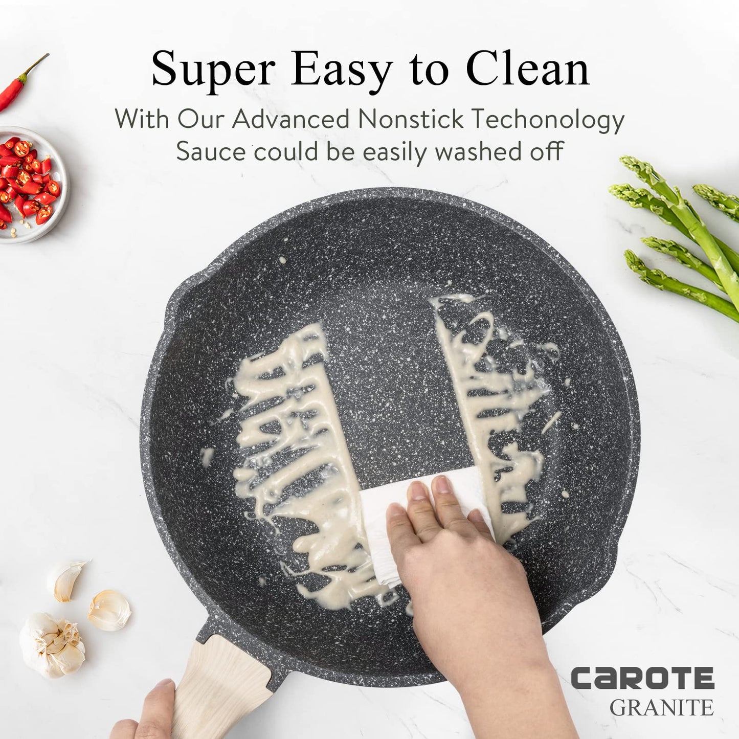 CAROTE Saute Pan with Lid, Non Stick Induction deep Frying pan with Lid for All Hobs, 24cm/2.8 Litre Classic Granite