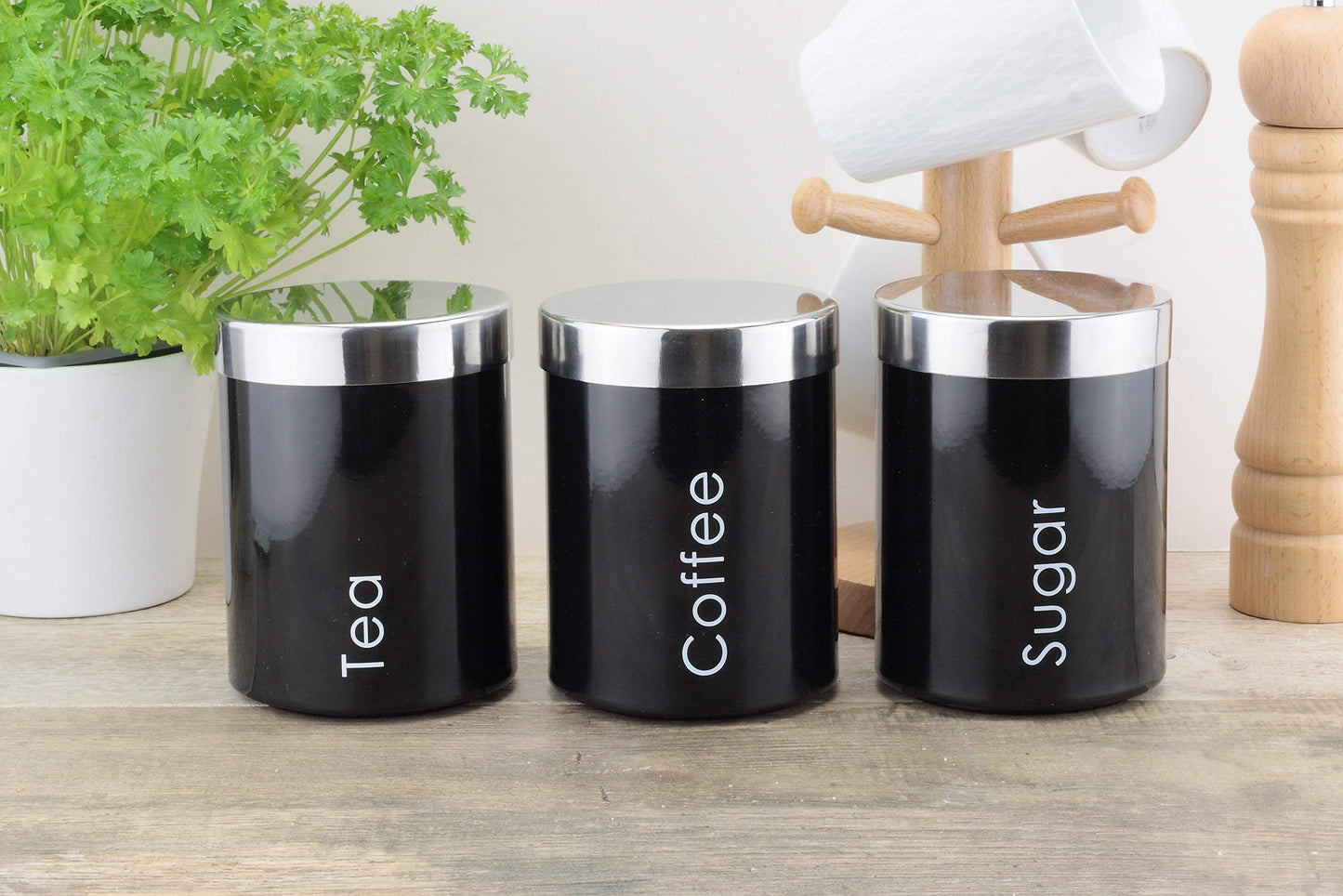 EHC Set of 3 Airtight Tea Sugar and Coffee Storage Canister Jars, Black