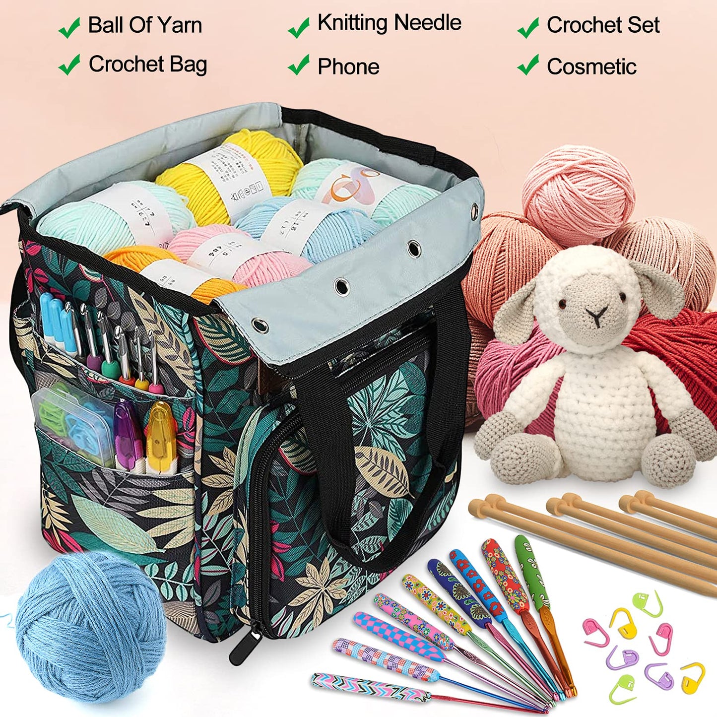 Coopay Craft Bag for Crochet Knitting Cross Stitch, Knitting Bags and Knitting Organizers, Crochet Project Bags for Wool and Needles Storage, Travel Sewing Bag Yarn Holder Accessories, Rainforest