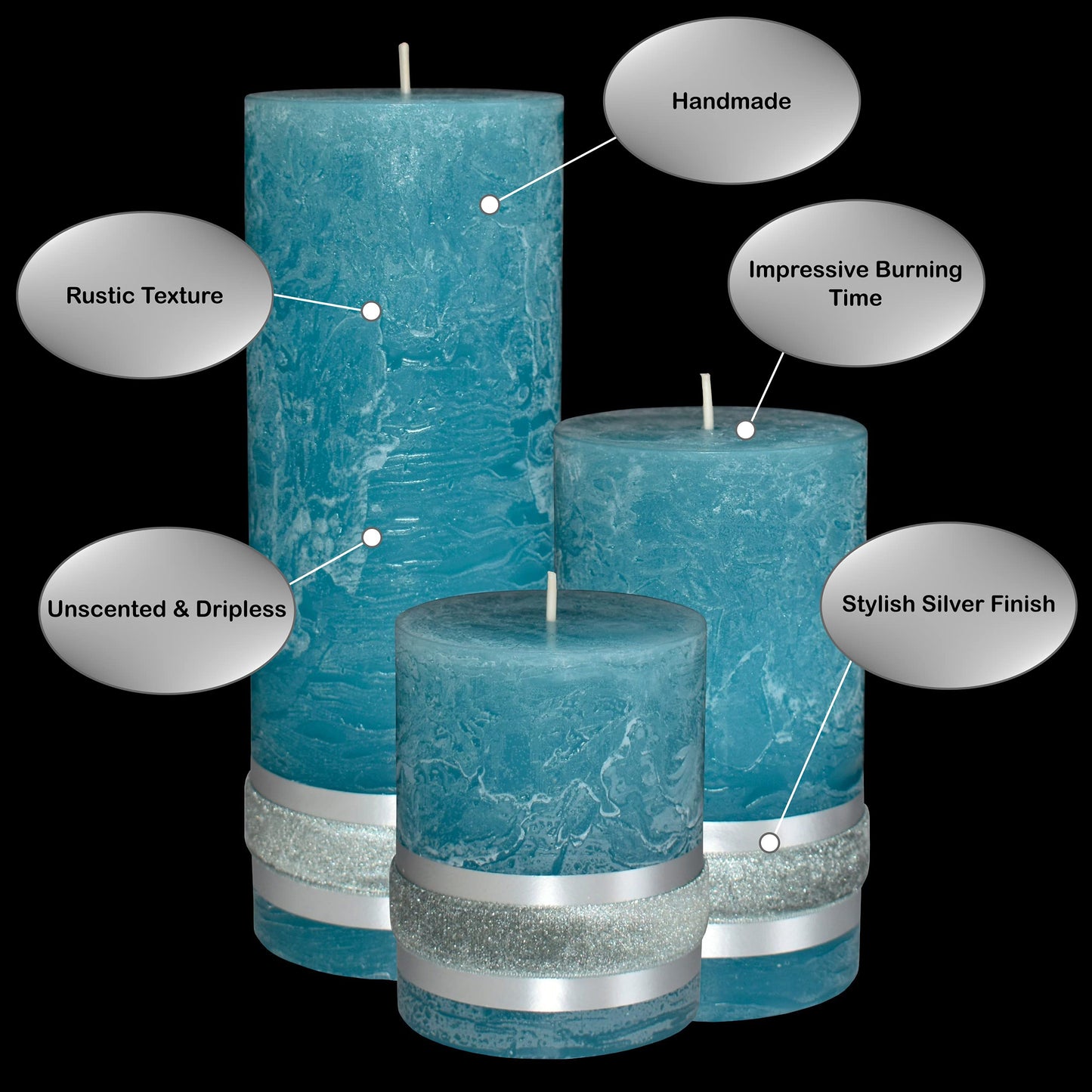 Badidi - Ornaments Turquoise,Teal Pillar Candles - Decorative Large Set of 3 - Modern Home and Living Room Decorations - Table Display - Center Piece Candles - Different Heights Turquise