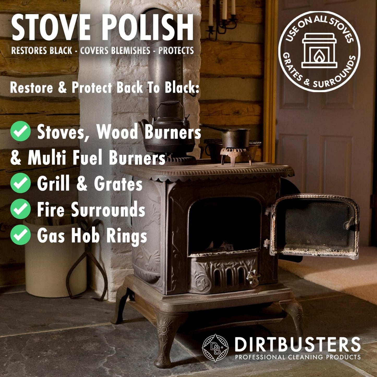 Dirtbusters Stove Polish for Log Burners & Grates Restore to Black, Non Toxic Alternative to Stove Paint (250ml) 1