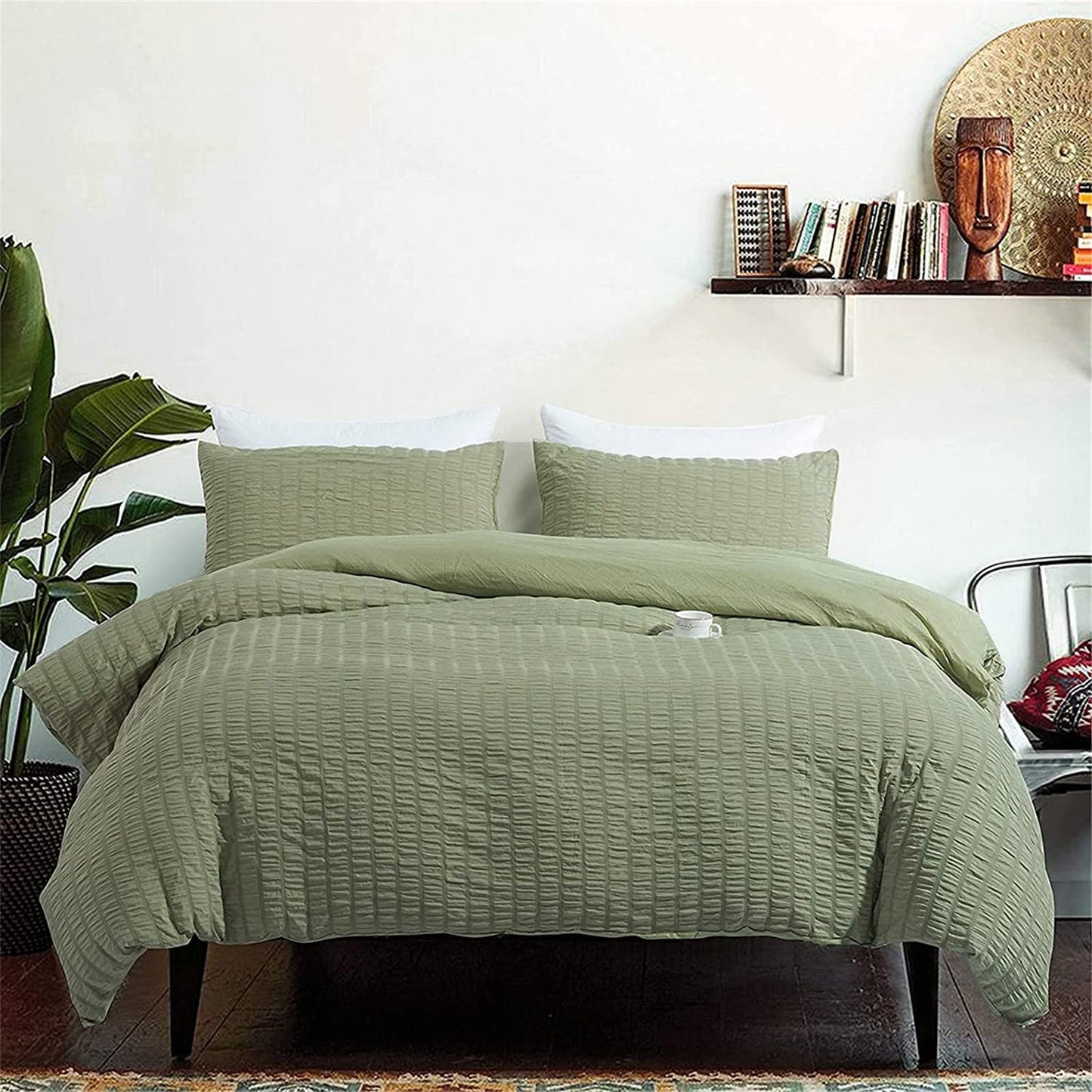 King Size Green Classic Seersucker Duvet Cover for Teens Adults Seersucker Bedding Set with 2 Pillowcases Puckering Duvet Cover Set with Zipper Closure 220×230cm King Size 220x230cm