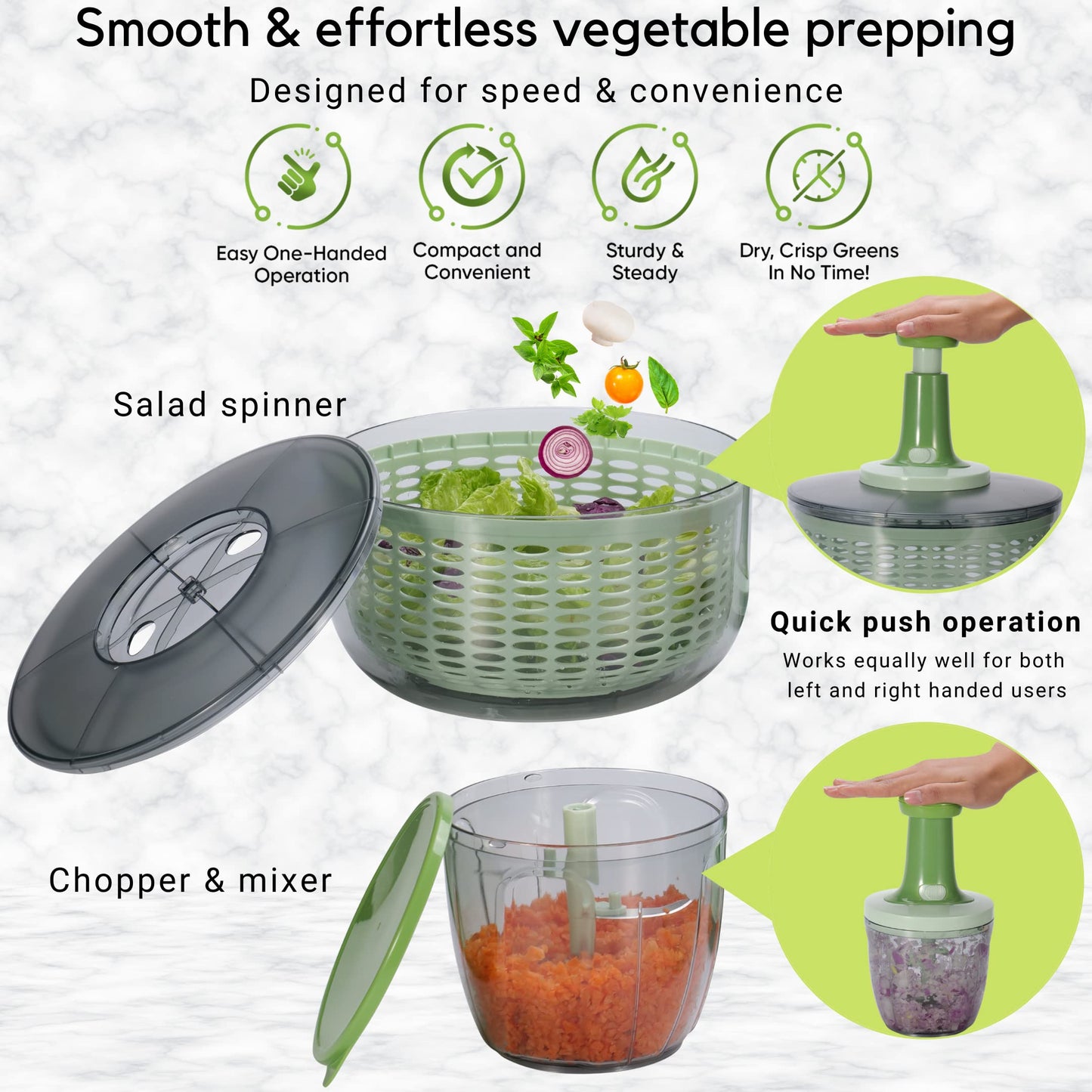 Brieftons Salad Spinner and Chopper: Large 6-Litre Lettuce Greens Vegetable Washer Dryer, with Bonus 0.9-Litre Veggie Chopper Mixer, Compact Storage, Easy Push Operation for Quick Veggie Prepping