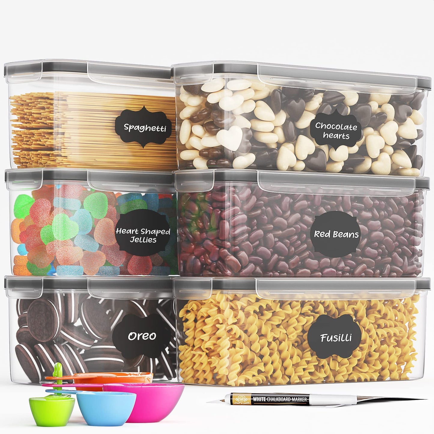 Chef's Path Airtight Food Storage Container Set - Ideal for Pasta, Spaghetti & Noodles - All Same Size - Kitchen Pantry Organization and Storage - Plastic Canisters with Durable Lids (6) Pack of 6 - 2.3 L