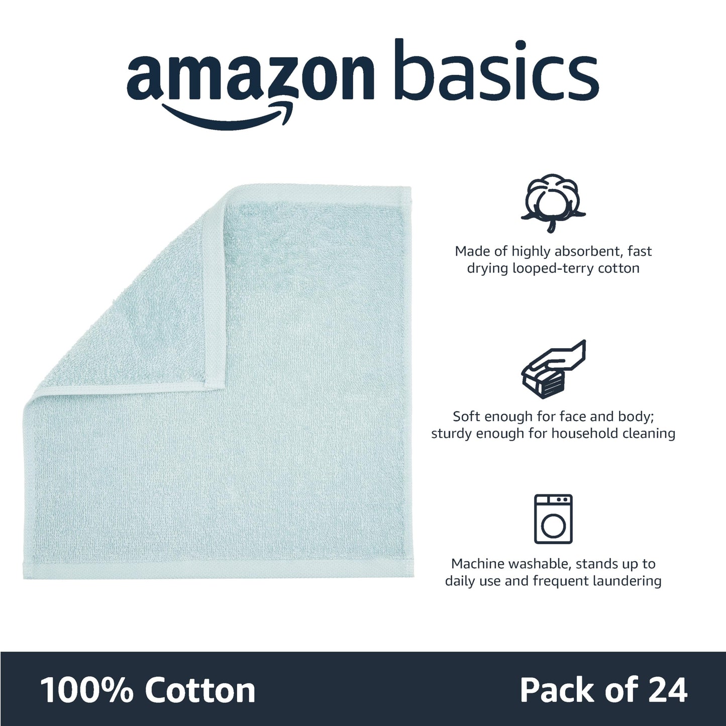 Amazon Basics Cotton Washcloths, 24-Pack, Ice Blue, 30 cm x 30 cm Pack of 24