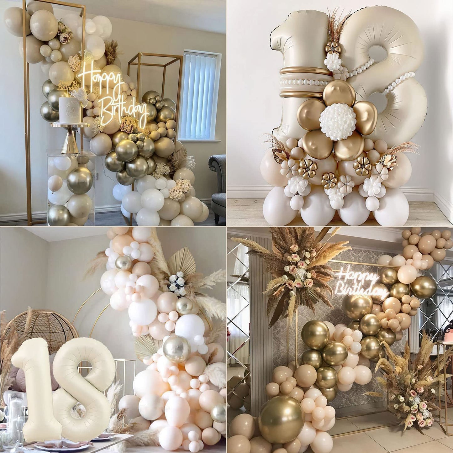 18th Birthday Decoration for Girl Boy,Sand White Gold Birthday Party Decorations,18th Birthday Balloons Beige Gold,Happy Birthday Banner,Number 18 Balloons,Pom Poms for Girl Birthday Party Decorations