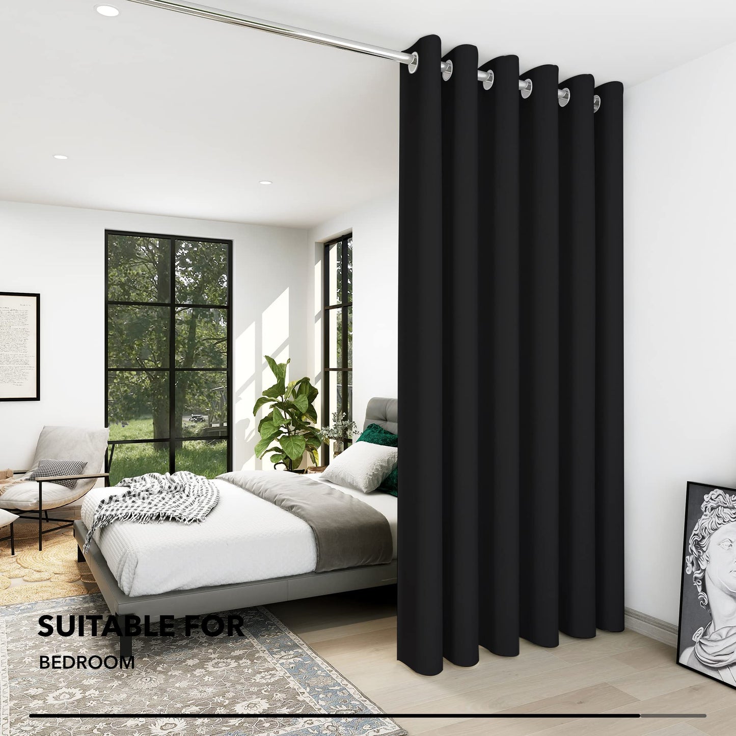 Deconovo Soft Door Curtain Thermal Curtain Wide Width Ring Top Blackout Curtain for Livingrom Partition 80 x 84 Inch Black 1 Panel W80 x L84