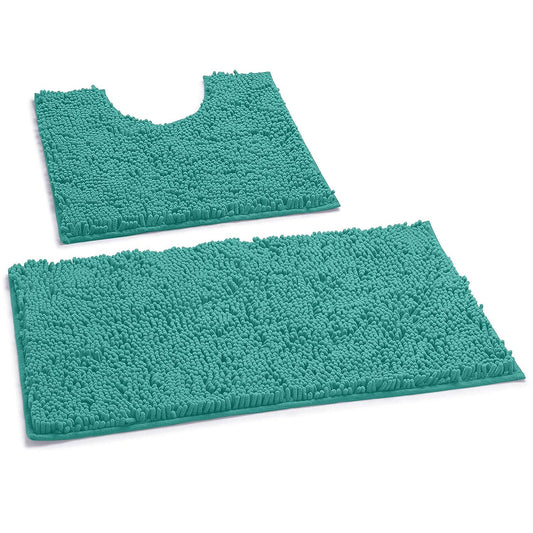 LuxUrux Bath Mat, Luxury Chenille (2-Piece) Bath Mat Set, Soft Plush Anti-Slip Bath Rug + Toilet Mat.1'' Microfiber Shaggy Carpet, Super Absorbent (Curved Set, Turquoise) Curved Set