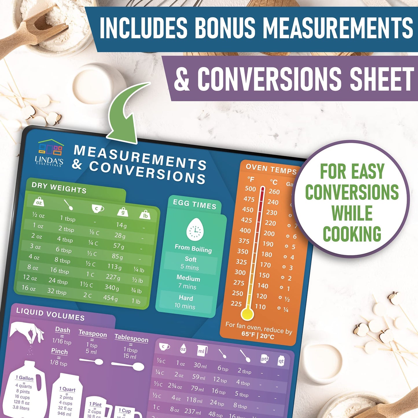 Air Fryer Accessories Magnetic Cheat Sheet Set by Linda’s Essentials - Air Fryer Cooking Times Chart Magnet, Quick Reference Guide For Cooking and Frying, Cooking Times Chart & Kitchen Conversions