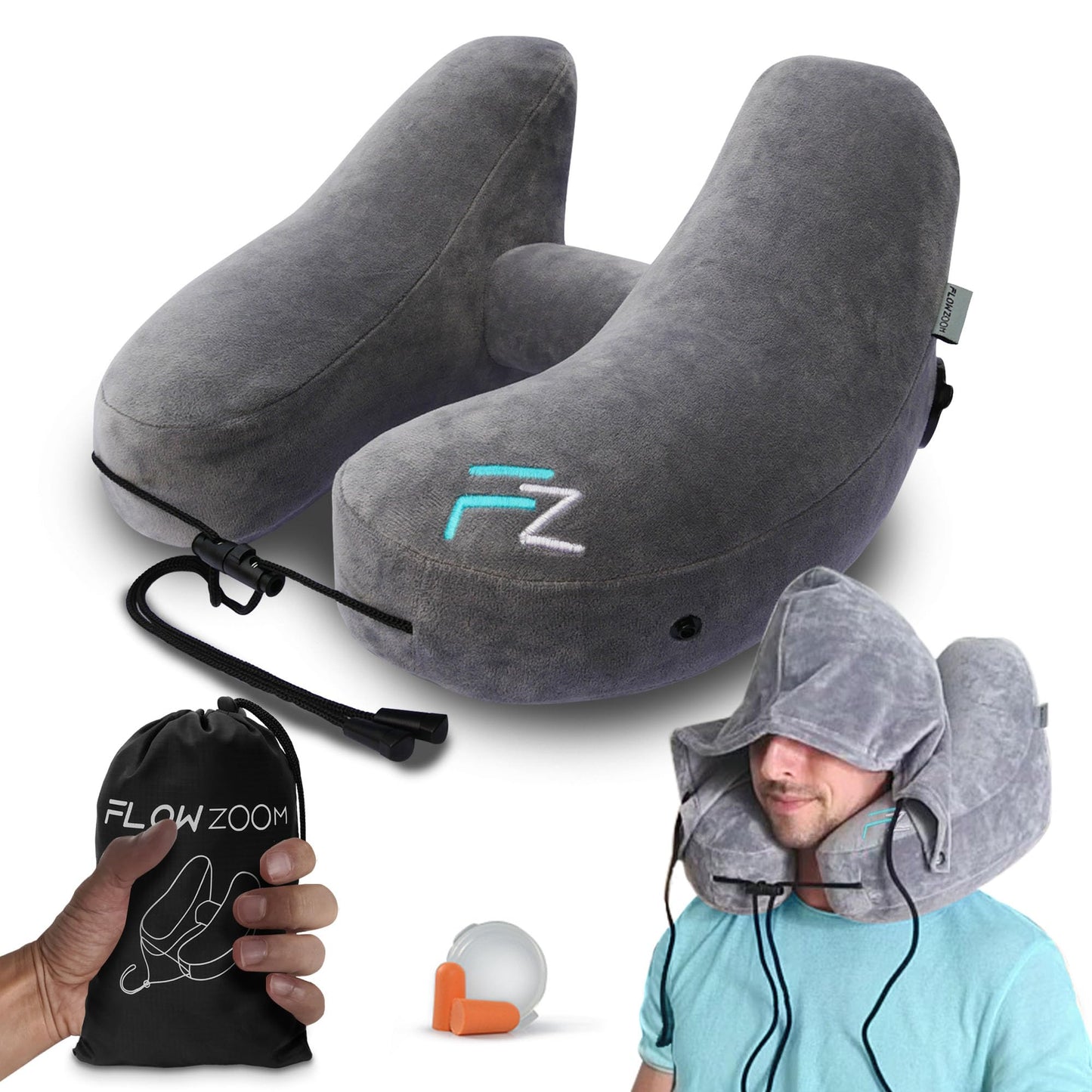 FLOWZOOM AIR Inflatable Travel Pillow for Airplane - Hooded Neck Pillow for Travel - Inflatable Travel Neck Pillow - Plane Pillow - Neck Cushion - Flight Pillow - Travel Neck Pillows for Adults – Grey Grey - Size L