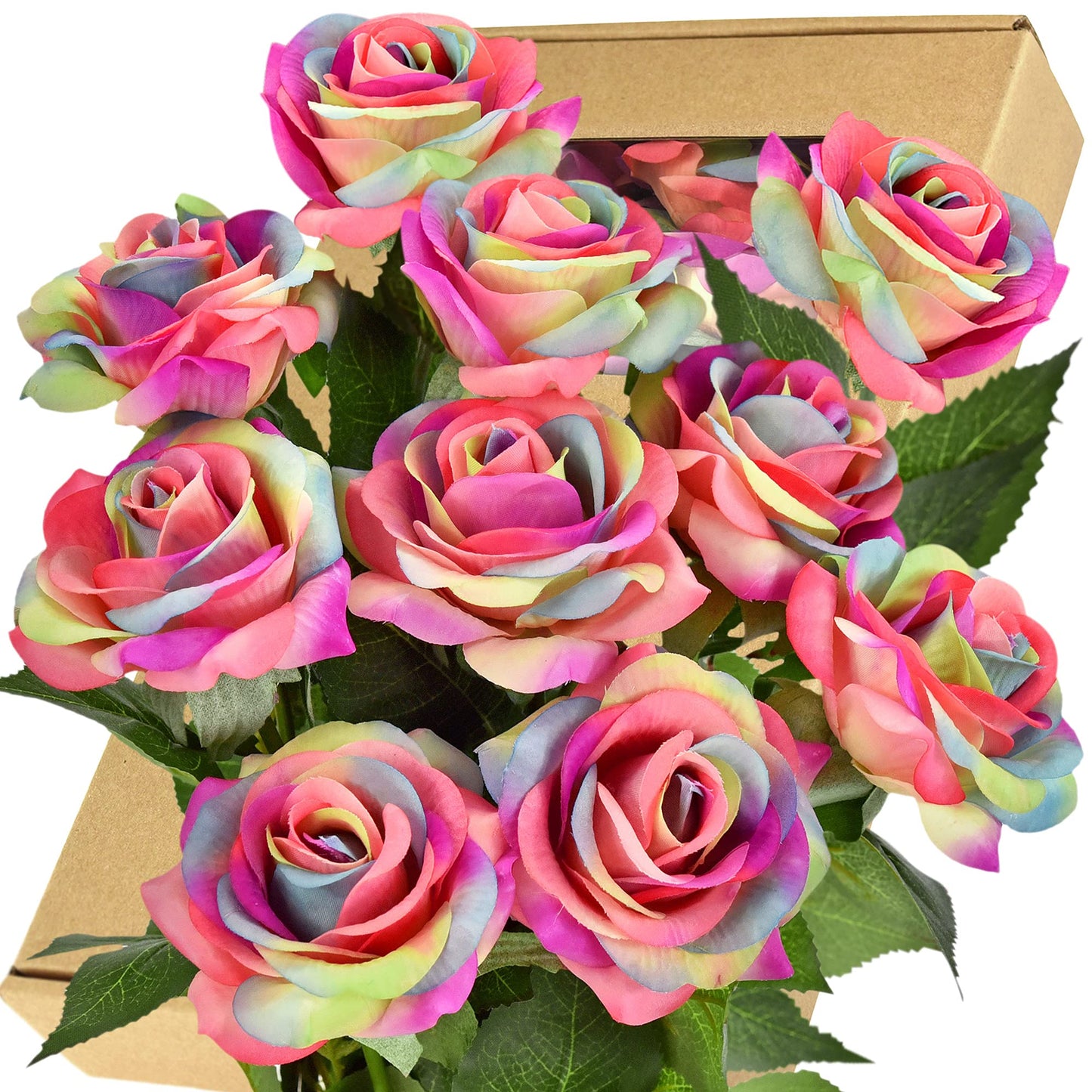 FiveSeasonStuff 10 Stems Real Touch Roses Artificial Flower Silk Roses ‘Petals Feel and Look like Fresh Roses' Bouquet of Flowers Floral Arrangements (Rainbow #17) #17 Rainbow