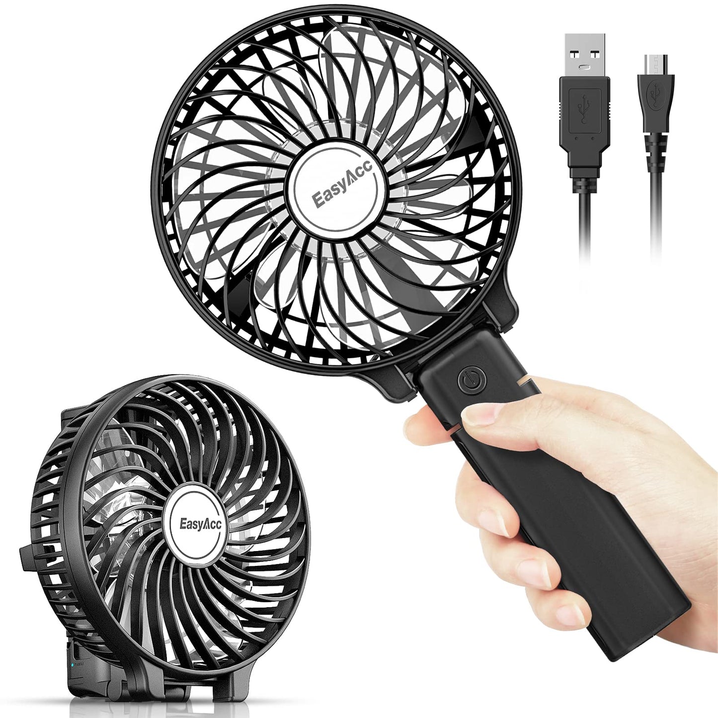 EasyAcc Handheld Portable USB Fan 3 Speeds 180° Foldable Powered Personal Mini Electric Fan With Rechargeable Battery Foldable Adjustable Speeds for Home Office Travel Outdoor - Black