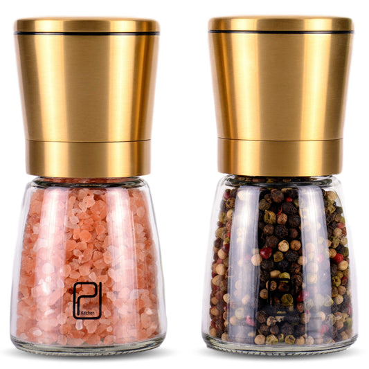 Gold Salt and Pepper Grinder Set - Golden Salt and Pepper Shaker Mill - Brass Pepper Grinders Refillable - Adjustable Coarseness - Sea Salt, Black Peppercorn