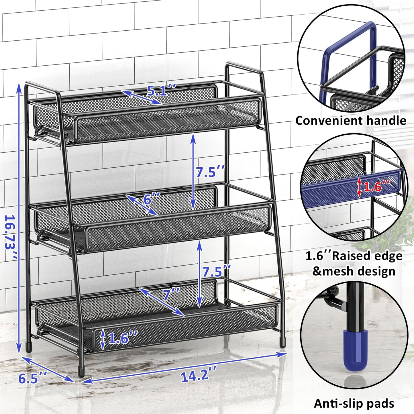 EKNITEY Bathroom Countertop Organiser Rack - 3 Tier Counter Spice Rack Metal Makeup Rack Small Perfume Vanity Organiser for Sink/Bedroom/Living room/Kitchen/Office Black