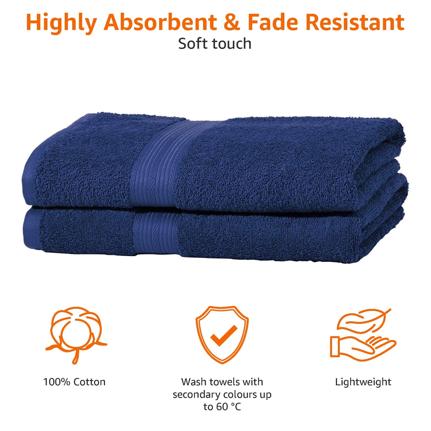 Amazon Basics 100% Cotton AB Fade Resitant Bath Towel, 2-Pack, Royal Blue, 140 cm L x 70 cm W Bath Towel (Pack of 2)