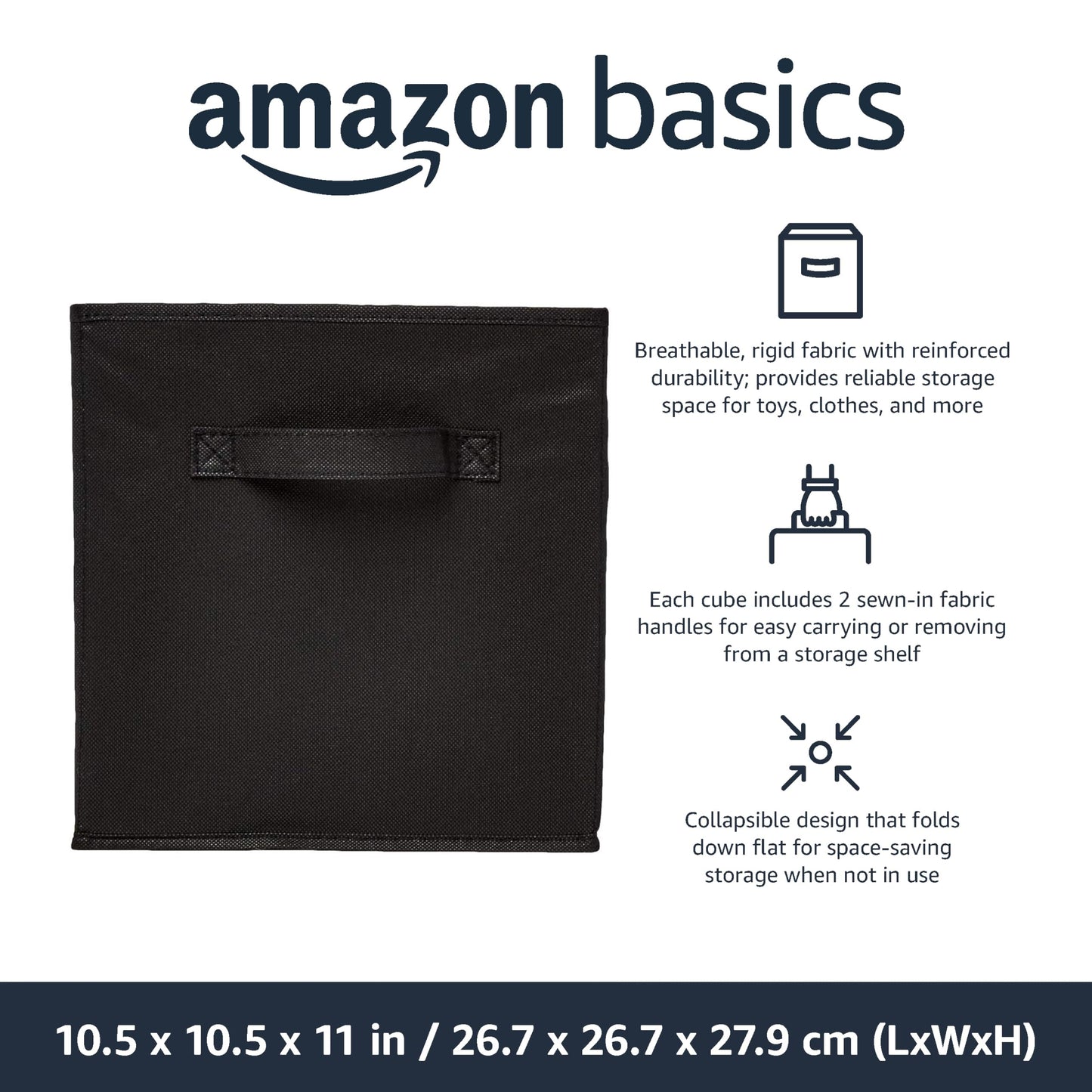 Amazon Basics Collapsible Fabric Storage Cube/Organiser with Handles, Pack of 6, Solid Black, 26.6 x 26.6 x 27.9 cm