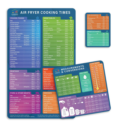 Air Fryer Accessories Magnetic Cheat Sheet Set by Linda’s Essentials - Air Fryer Cooking Times Chart Magnet, Quick Reference Guide For Cooking and Frying, Cooking Times Chart & Kitchen Conversions