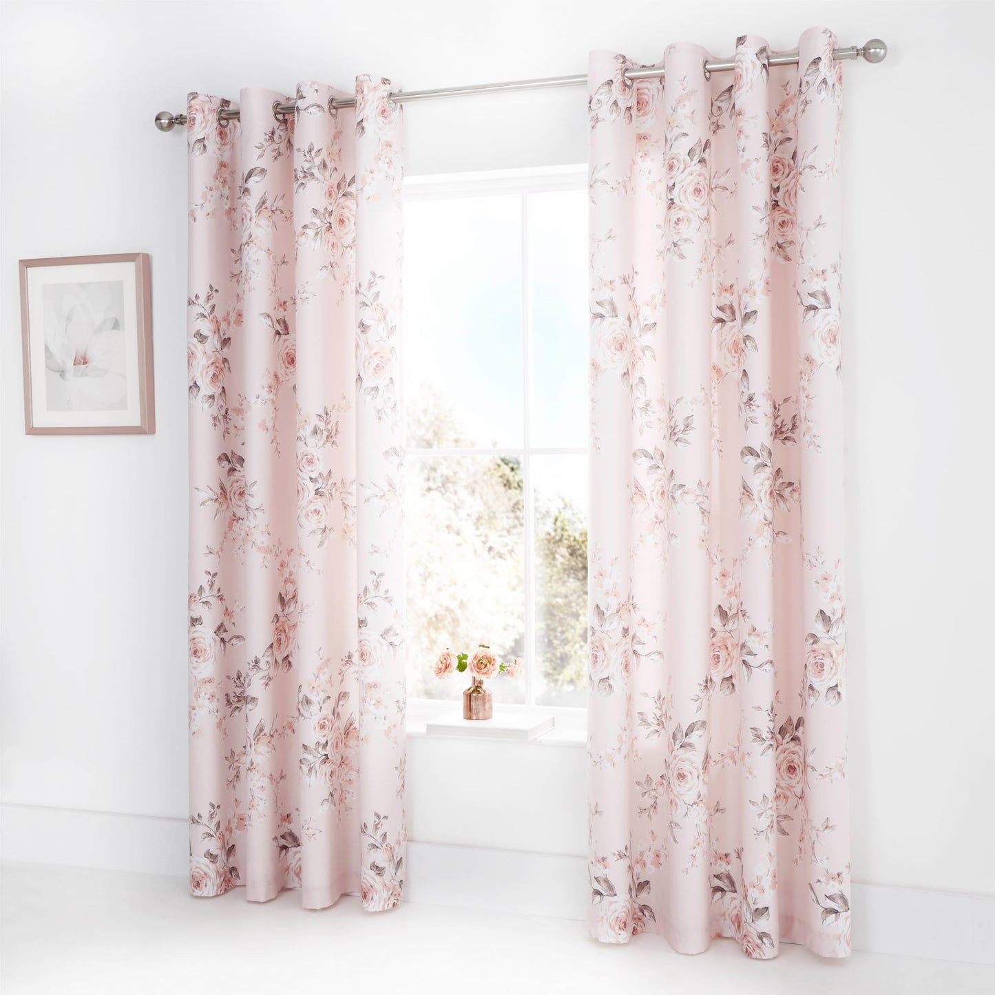 Catherine Lansfield Canterbury Floral 66x72 Inch Lined Eyelet Curtains Two Panels Blush Pink Eyelet Curtains- 66x72 Inch