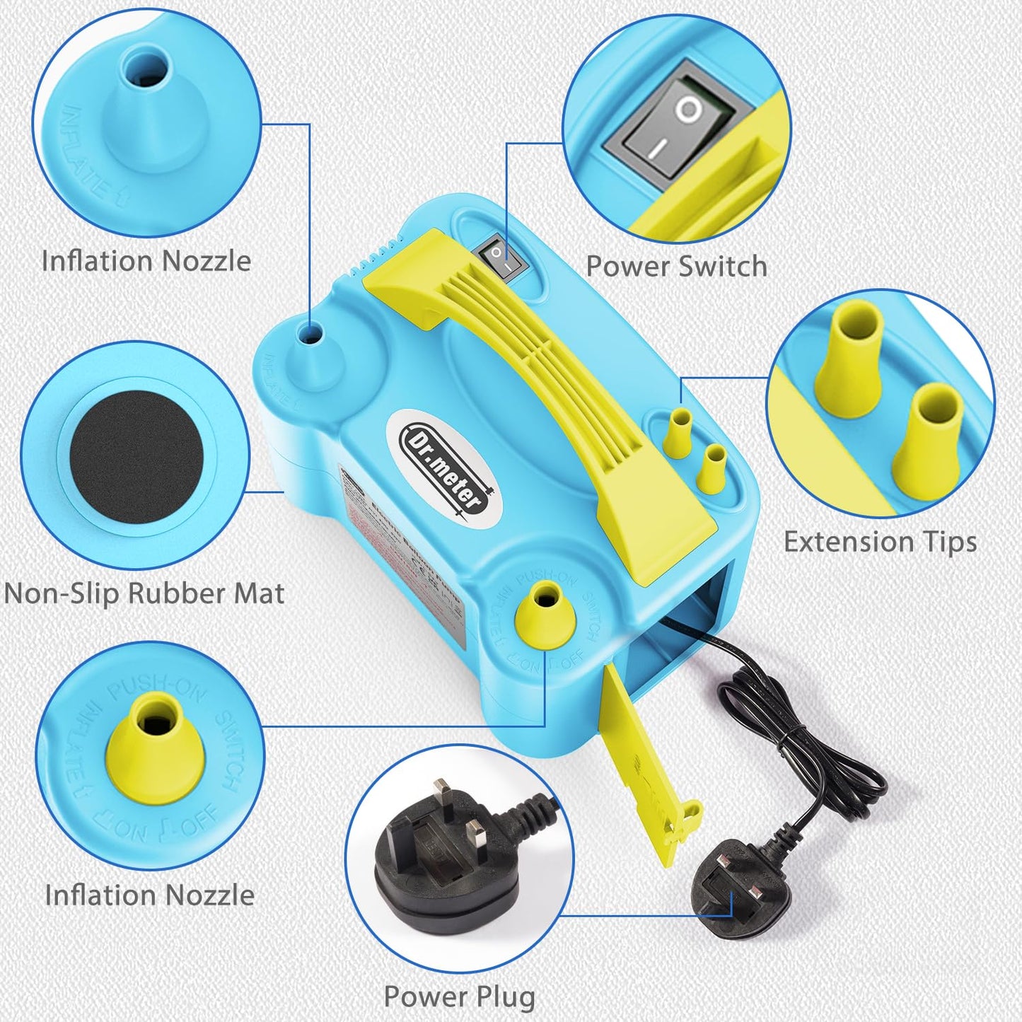 Electric Balloon Pump, Dr.meter 600W Portable Balloon Pump Electric Dual Nozzle High Power for Party, Wedding, Birthday, Activities and Festival Decoration (AC220-240V) Blue + yellow